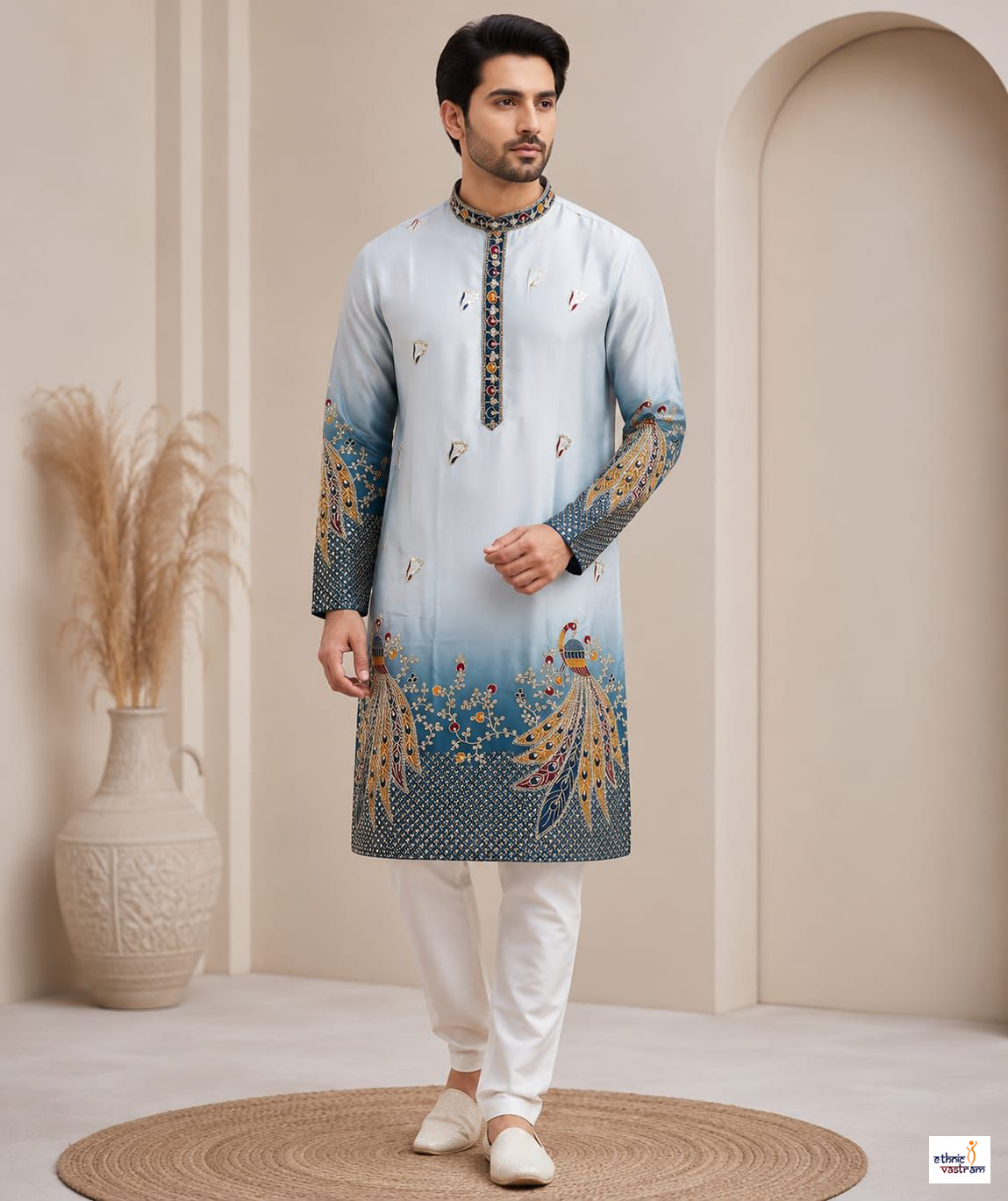 Blue Malai Satin Peacock Embroidery Kurta Pyjama Set