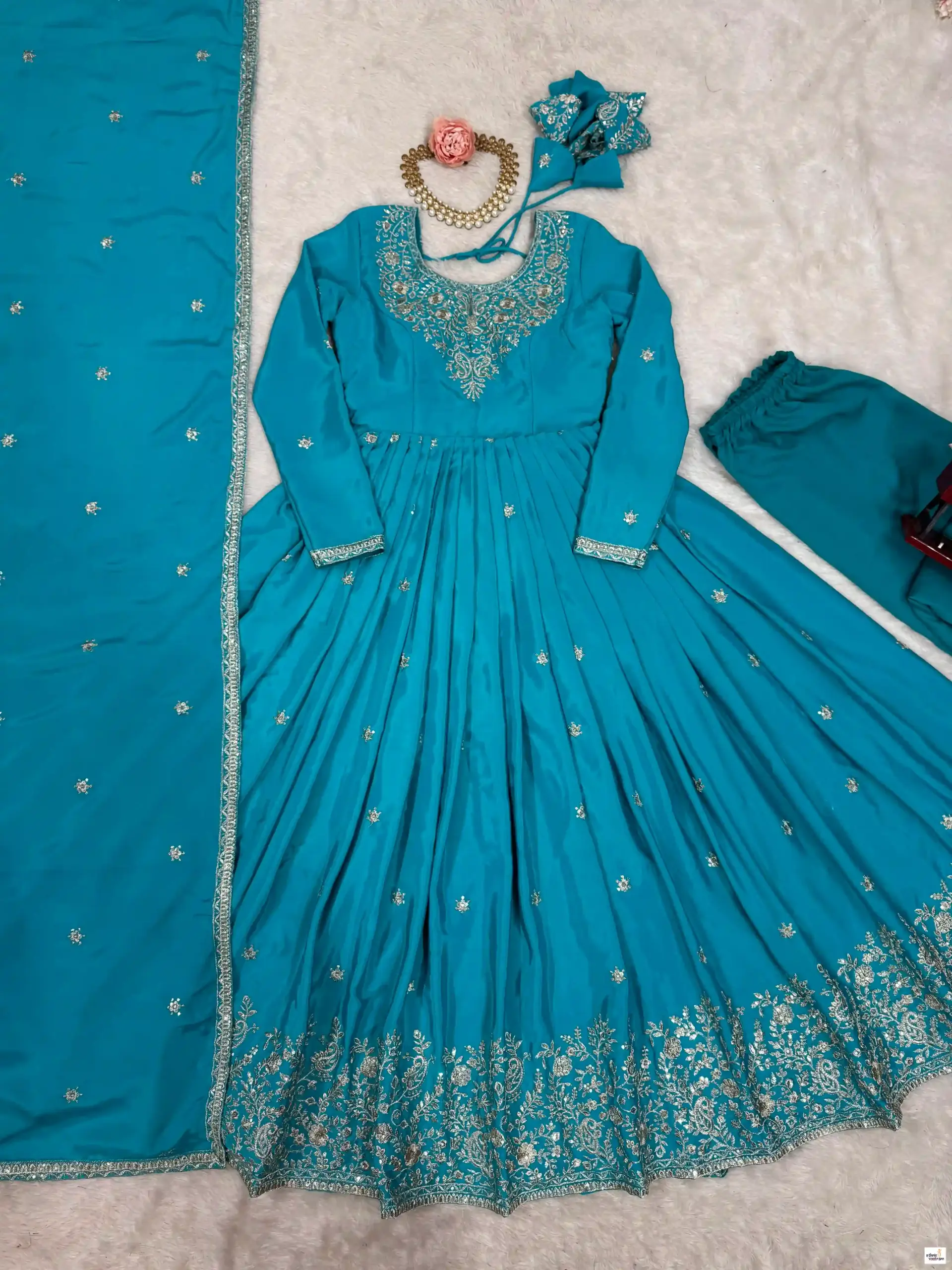Blue Silk Anarkali Sequin Embroidered Festive Gown Set - Image 3