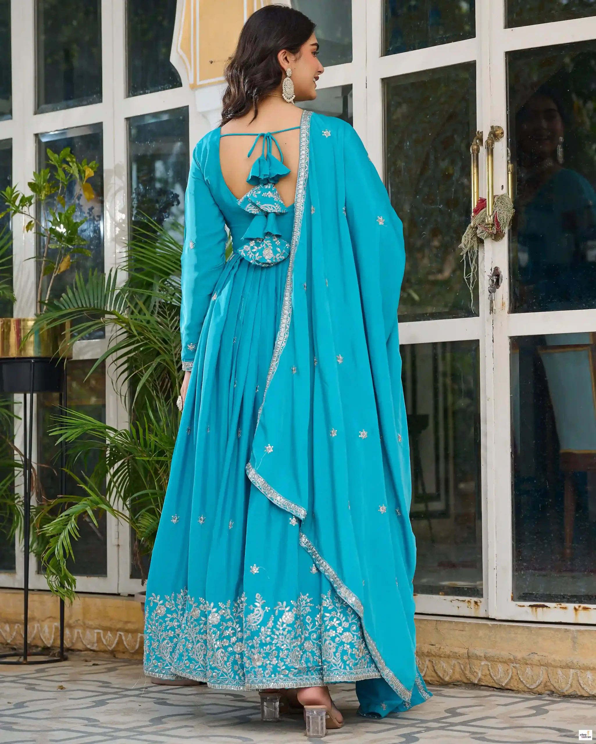 Blue Silk Anarkali Sequin Embroidered Festive Gown Set - Image 2