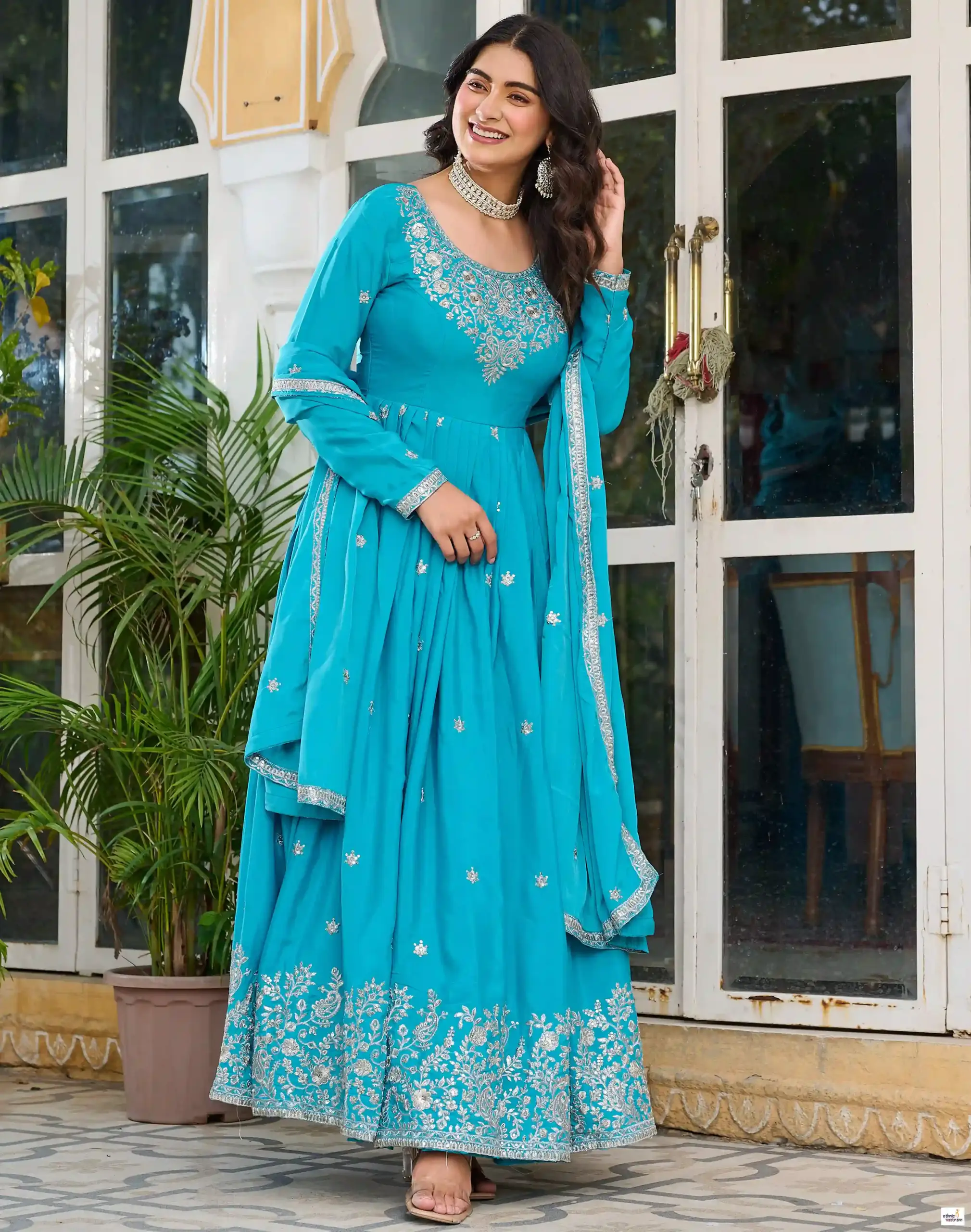 Blue Silk Anarkali Sequin Embroidered Festive Gown Set