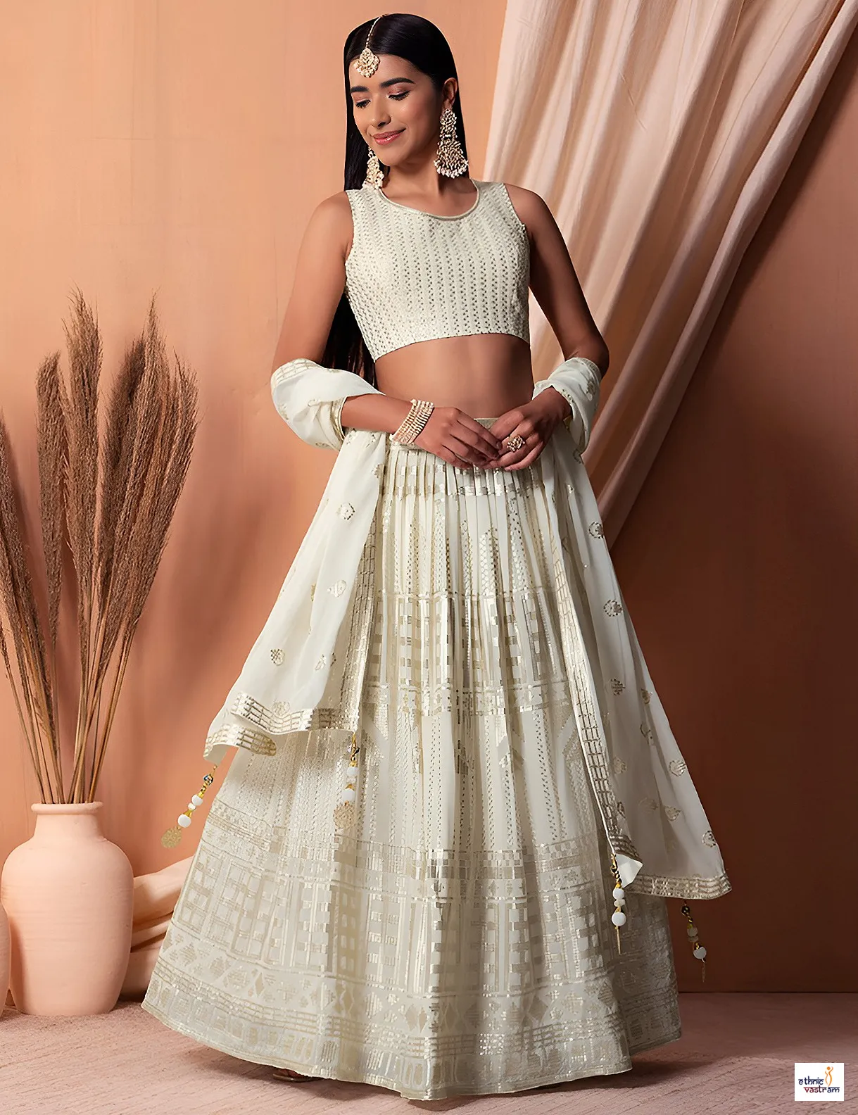 Cream Georgette Thread & Sequins Embroidered Lehenga Choli