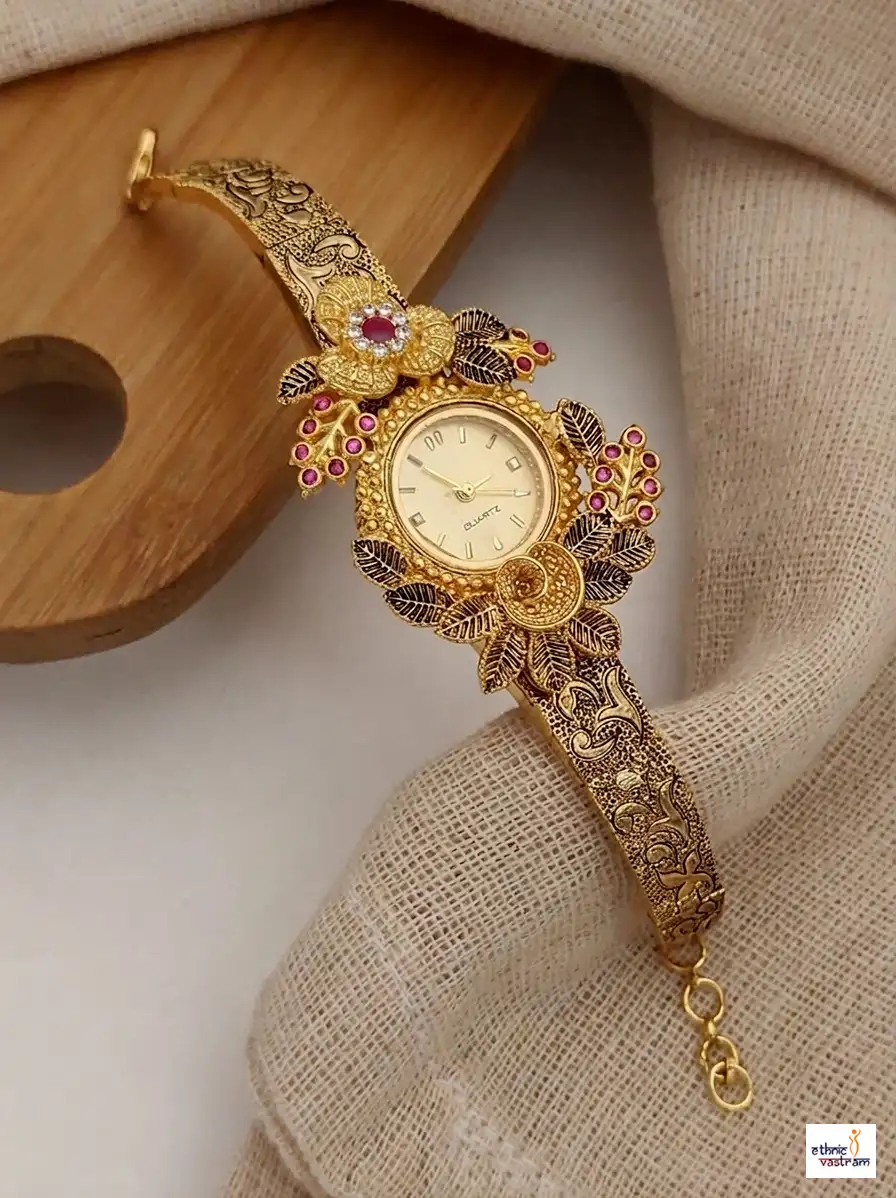 Ethnic Gold Carved Floral Cuff Heritage Bracelet Watch