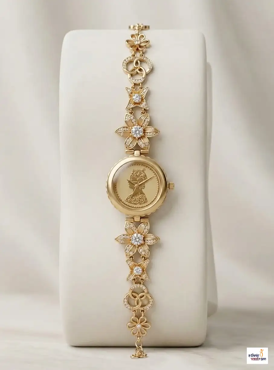 Gold Floral Coin Charm Bracelet Watch For Women