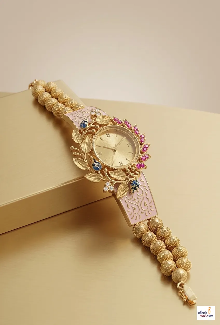 Gold Pink Meenakari Leaf Bracelet Watch For Women