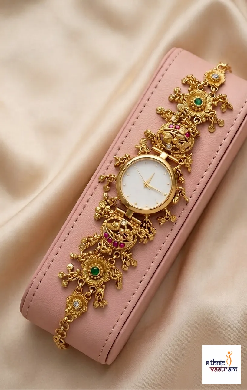 Gold Plated Antique Temple Style Watch Bracelet