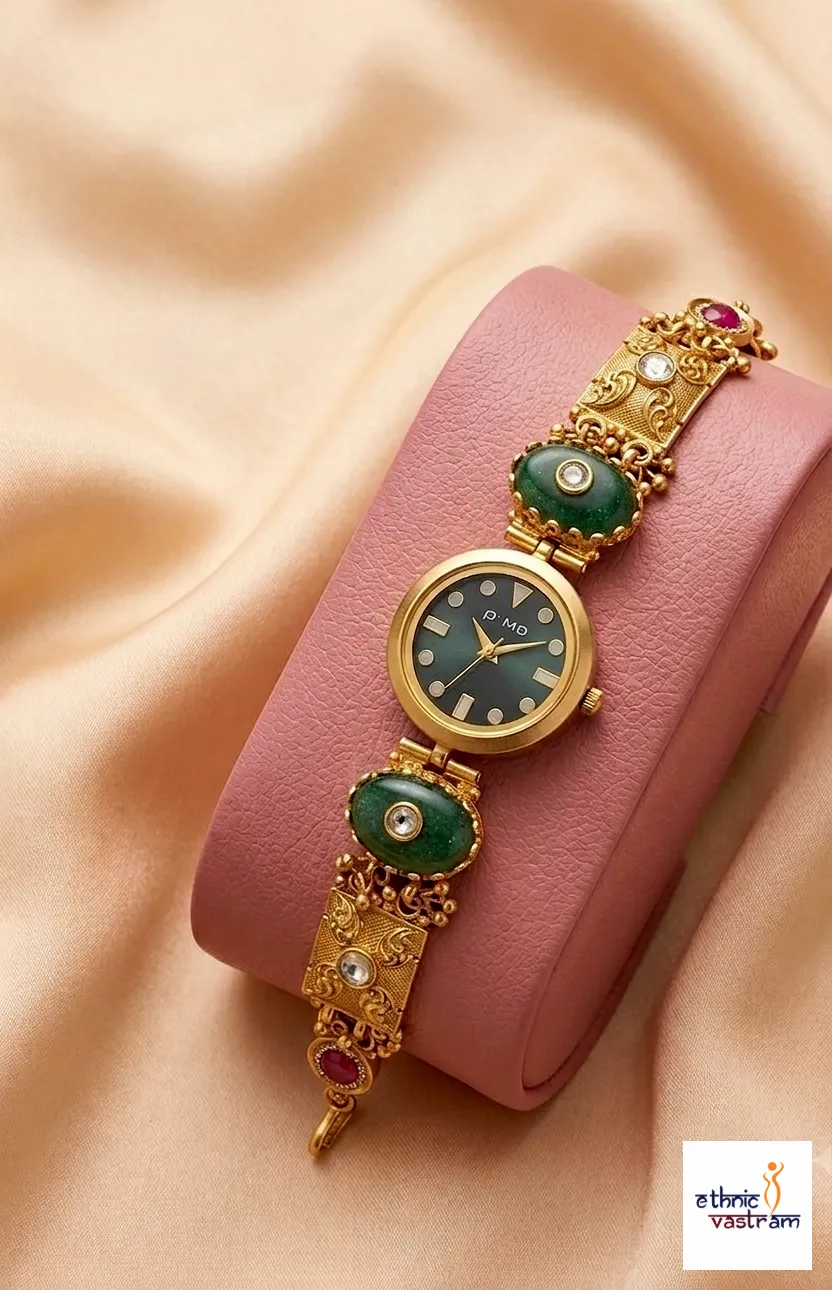 Gold Plated Antique Temple Style Watch Bracelet with Oval Green Cabochon