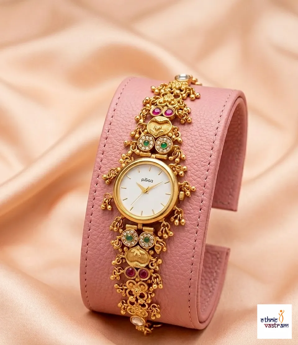 Gold Plated Antique Temple Style Watch Bracelet with Ghungroo