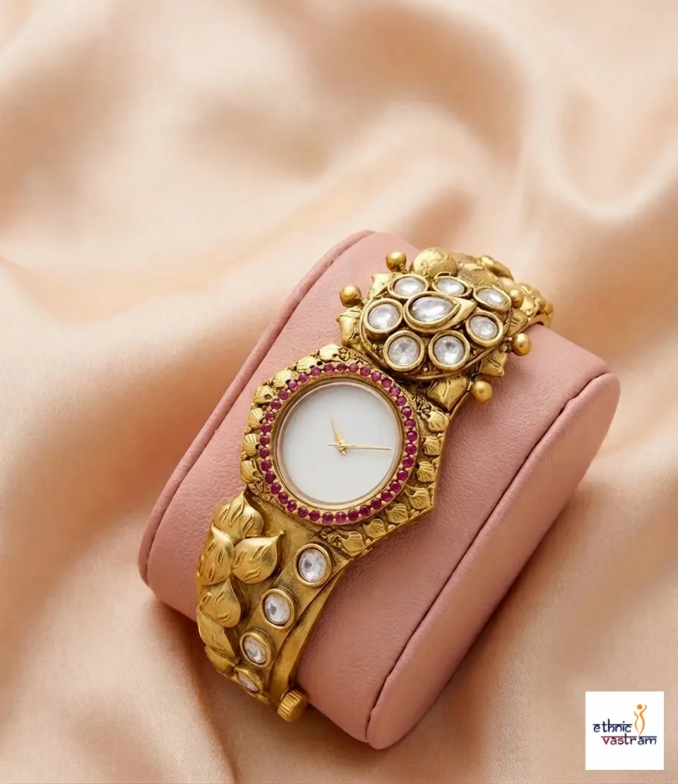 Gold Plated Antique Temple Style Watch Bracelet with Ruby Border
