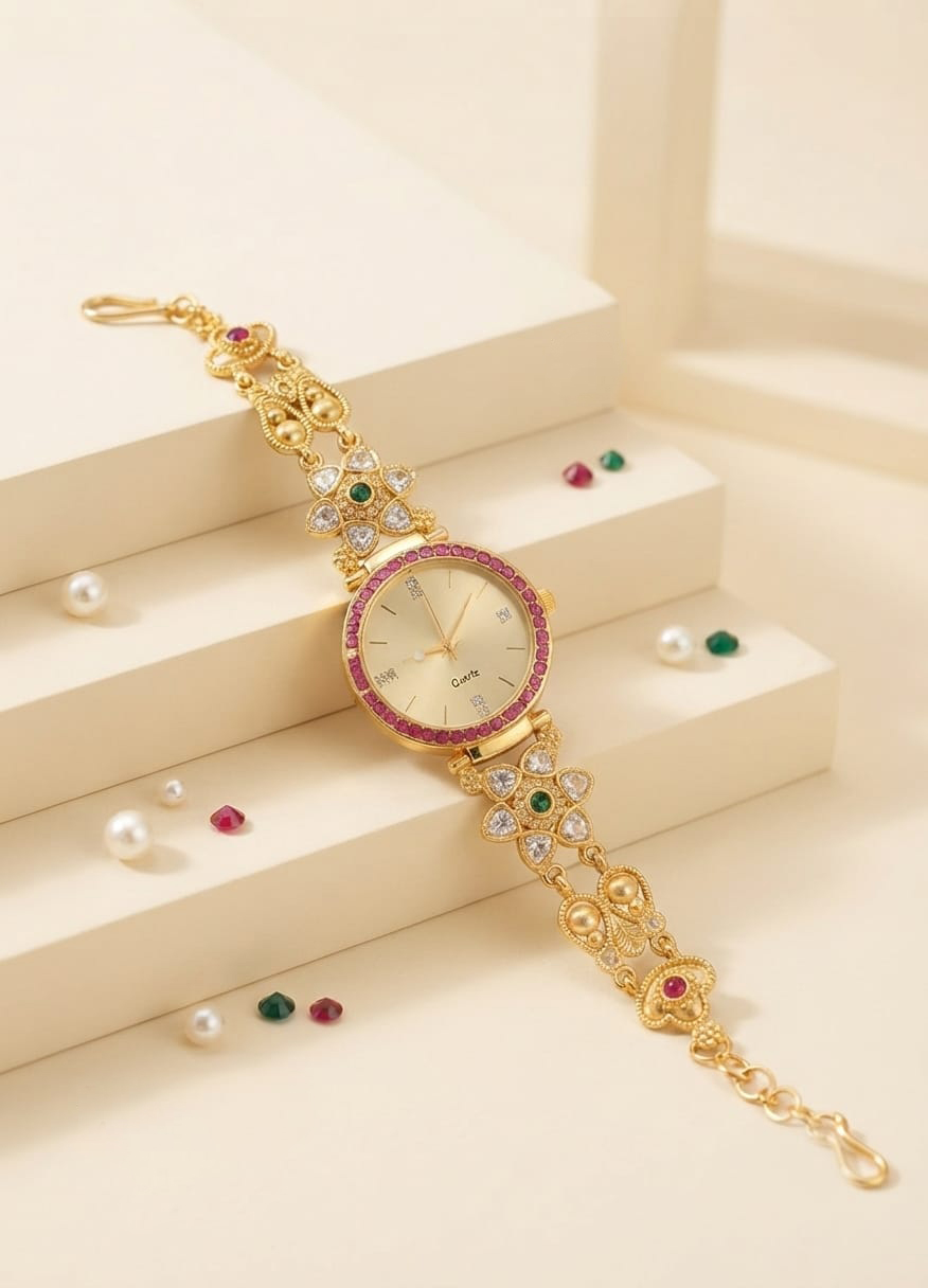 Gold Plated Multi Color Stone Bracelet Watch