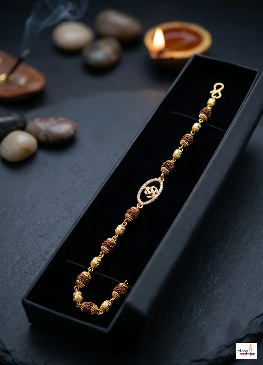 Gold Plated Rudraksha Rakhi With Diamond Om