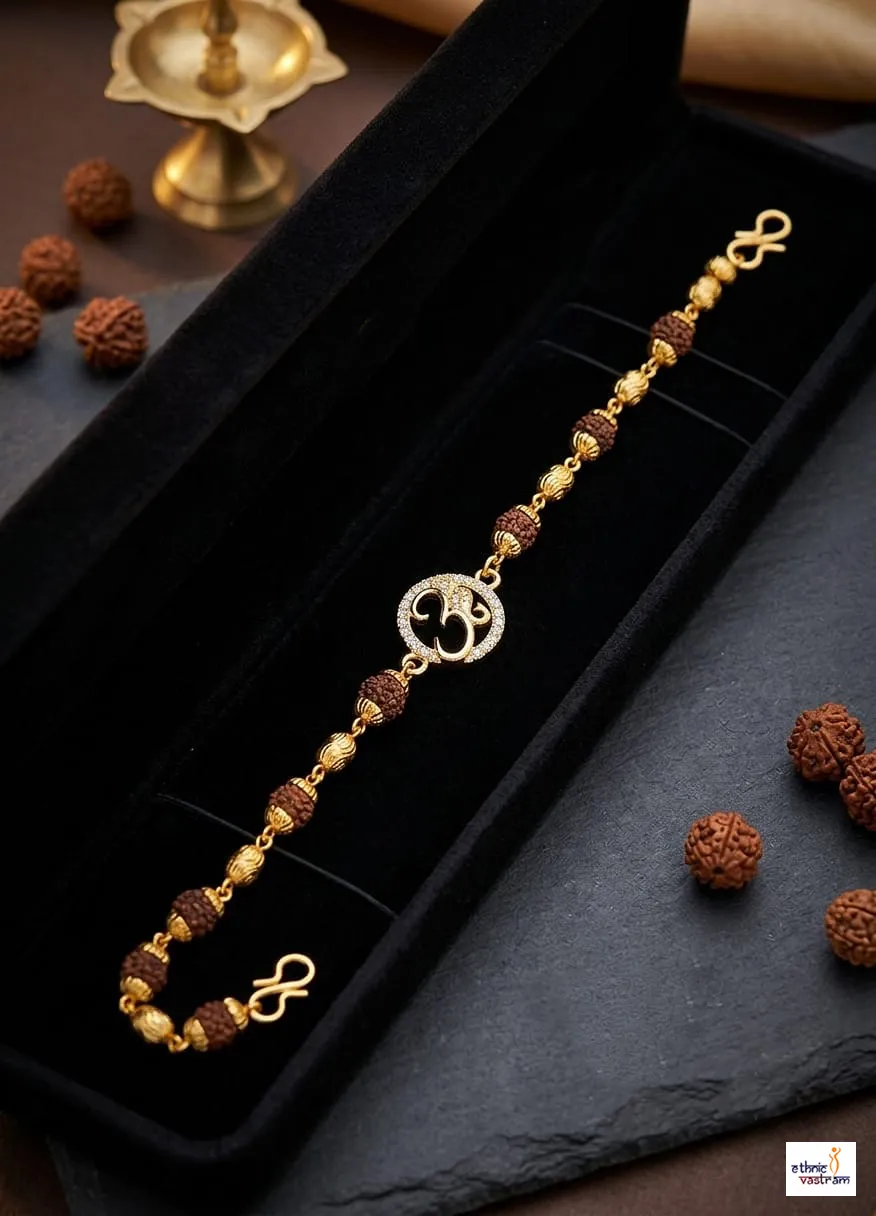 Gold Plated Spiritual Om Rudraksha Bead Bracelet Rakhi