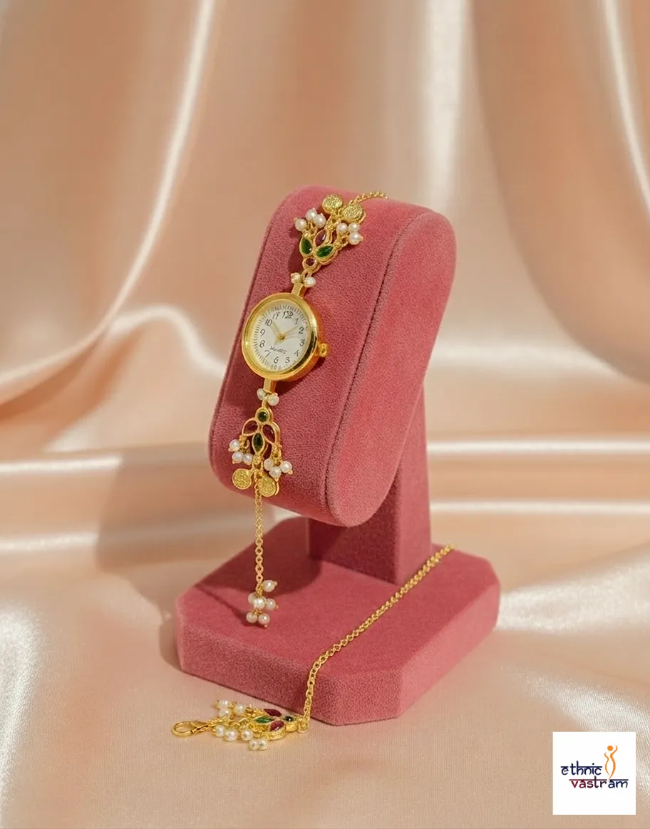 Gold Plated Traditional Meenakari Watch Bracelet with Pearl Droplets