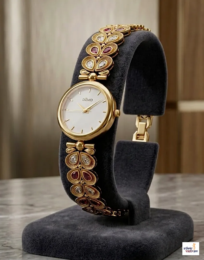 Gold Teardrop Kundan Bracelet Watch For Women