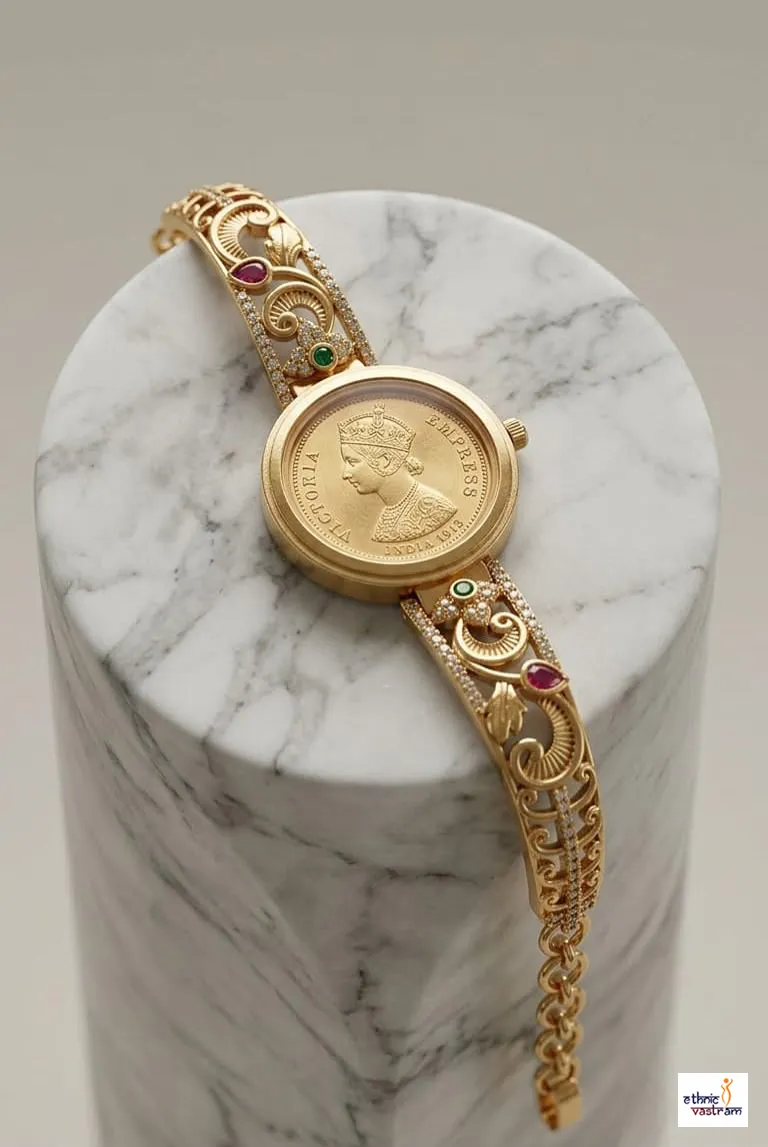 Gold Victoria Coin Gemstone Bracelet Watch