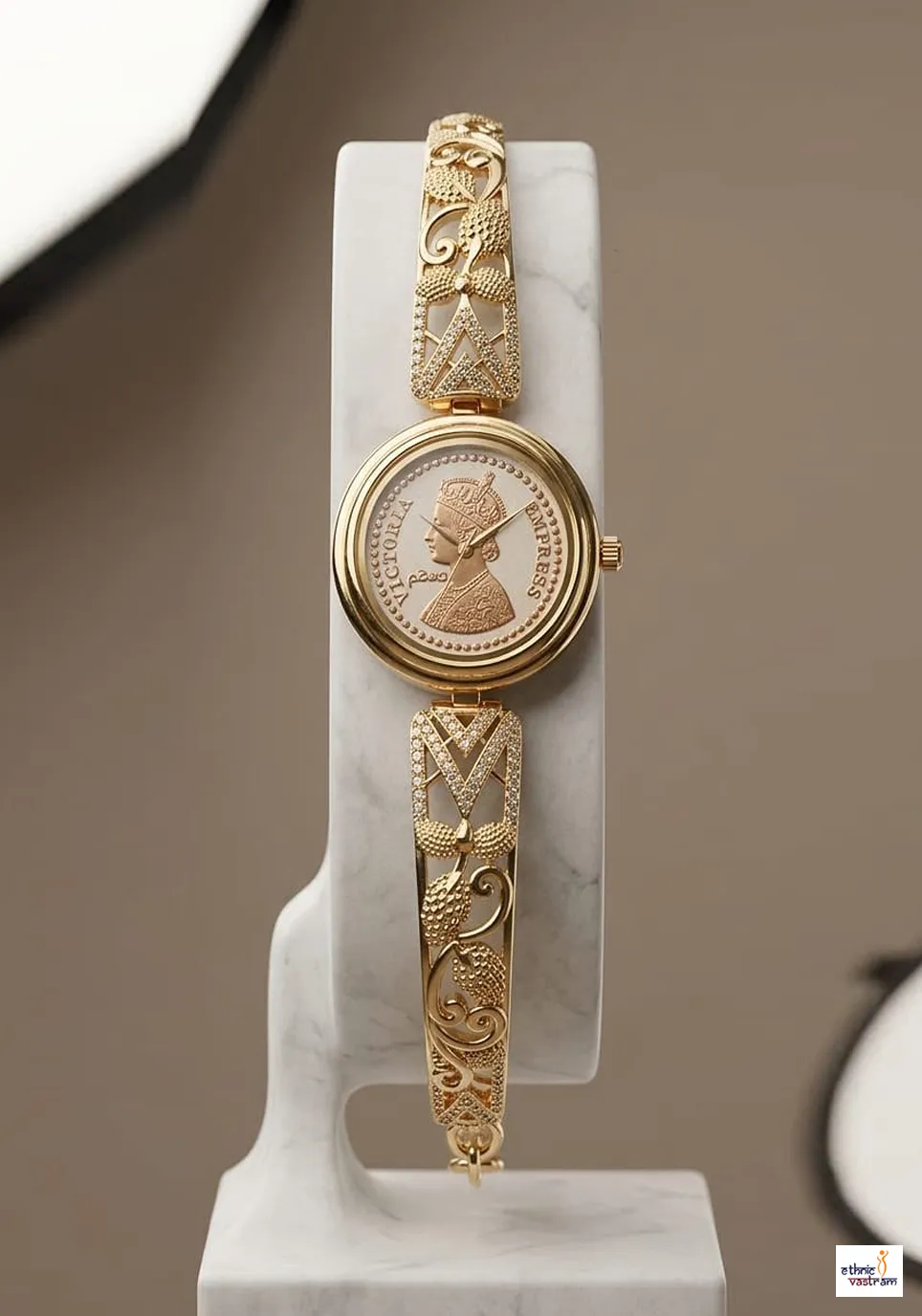 Gold Victoria Empress Coin Filigree Bangle Watch