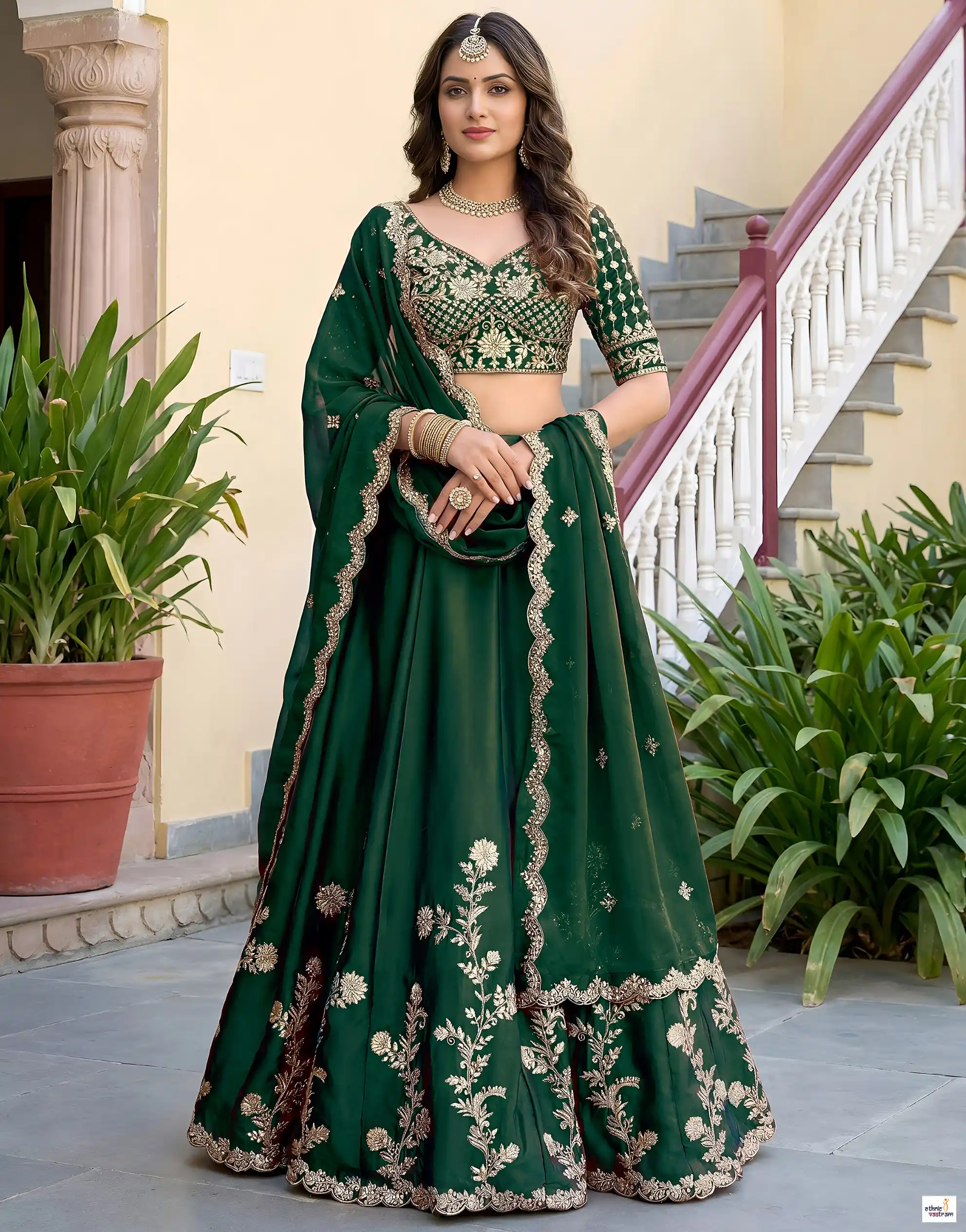 Green Rangoli Silk A-Line Embroidered Lehenga