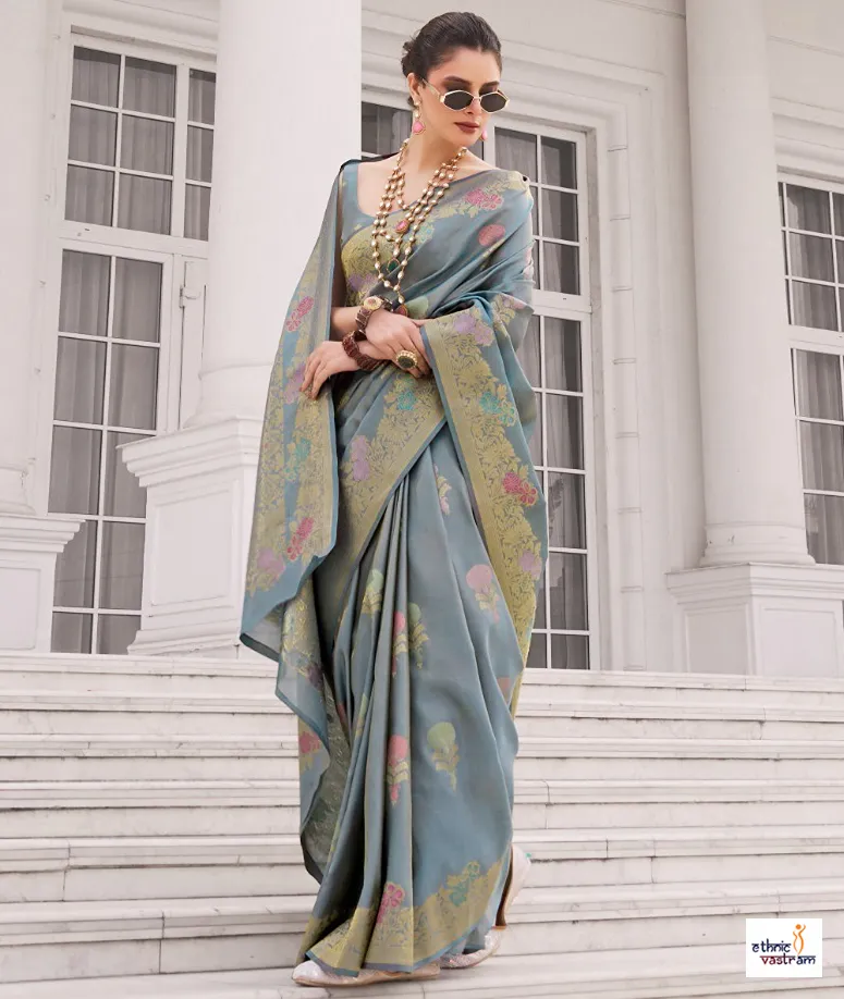 Grey Korra Silk Gold Zari Work Festive South Indian Saree