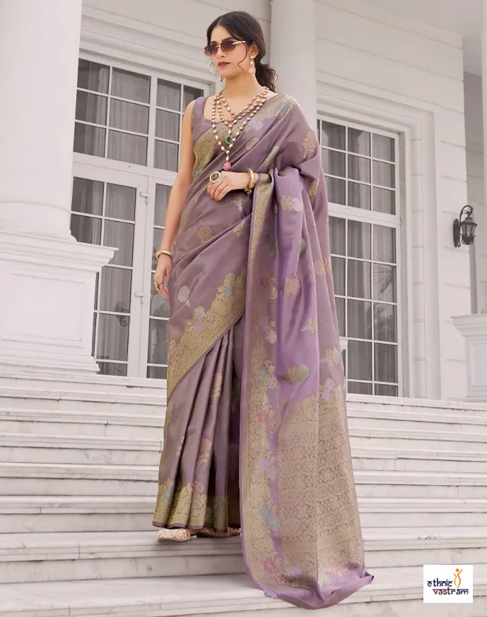 Lavender Purple Korra Silk Gold Zari Pallu Festive Saree - Image 2