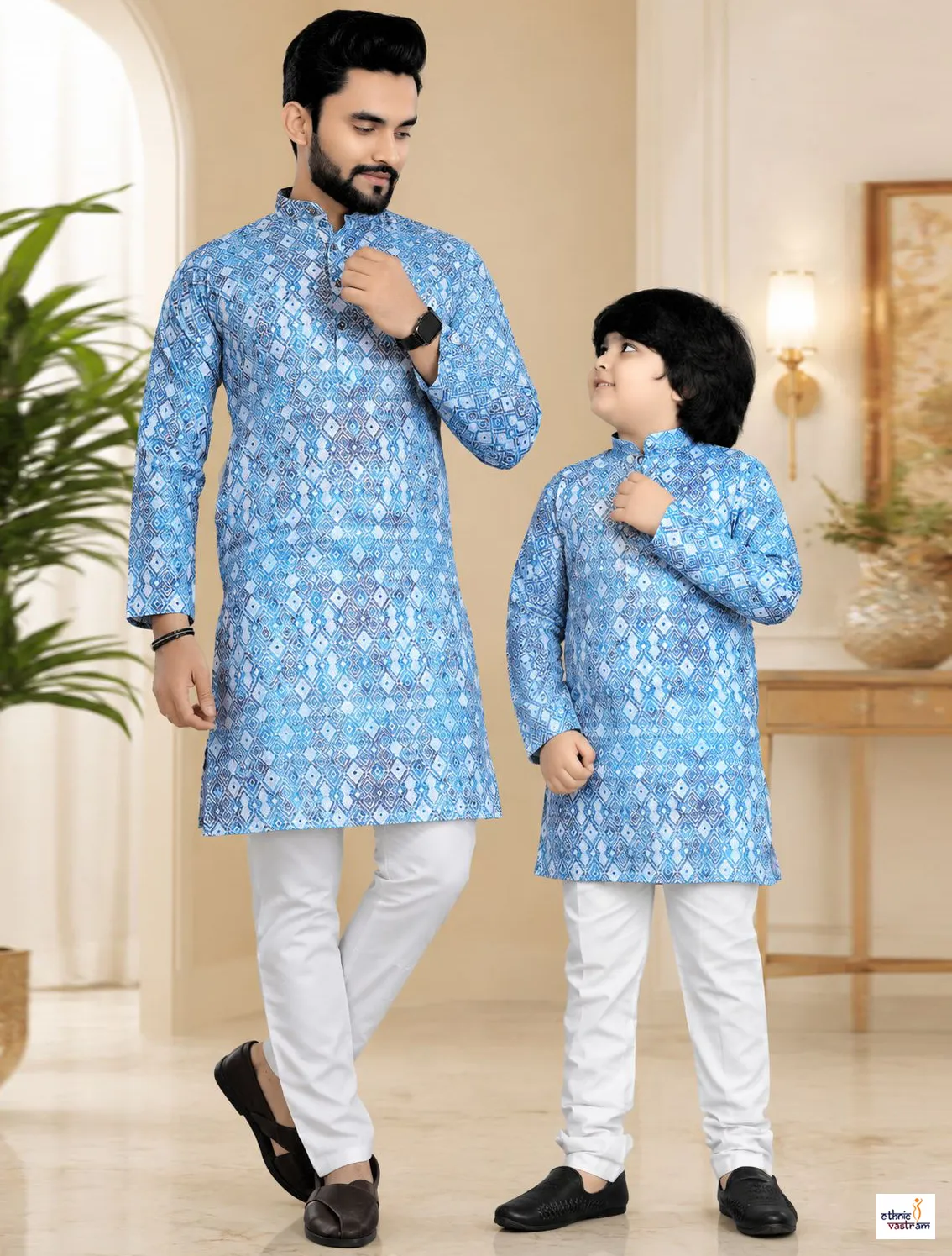 Light Blue Cotton Crochet Work Father Son Matching Kurta Pajama