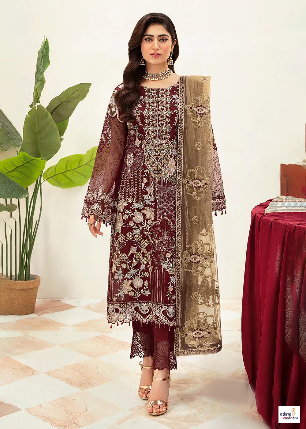 Maroon Faux Georgette Embroidered Pakistani Salwar Suit