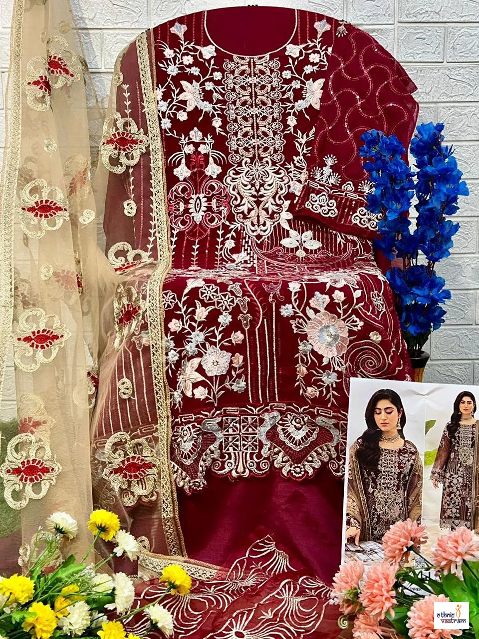 Maroon Faux Georgette Embroidered Pakistani Salwar Suit - Image 2