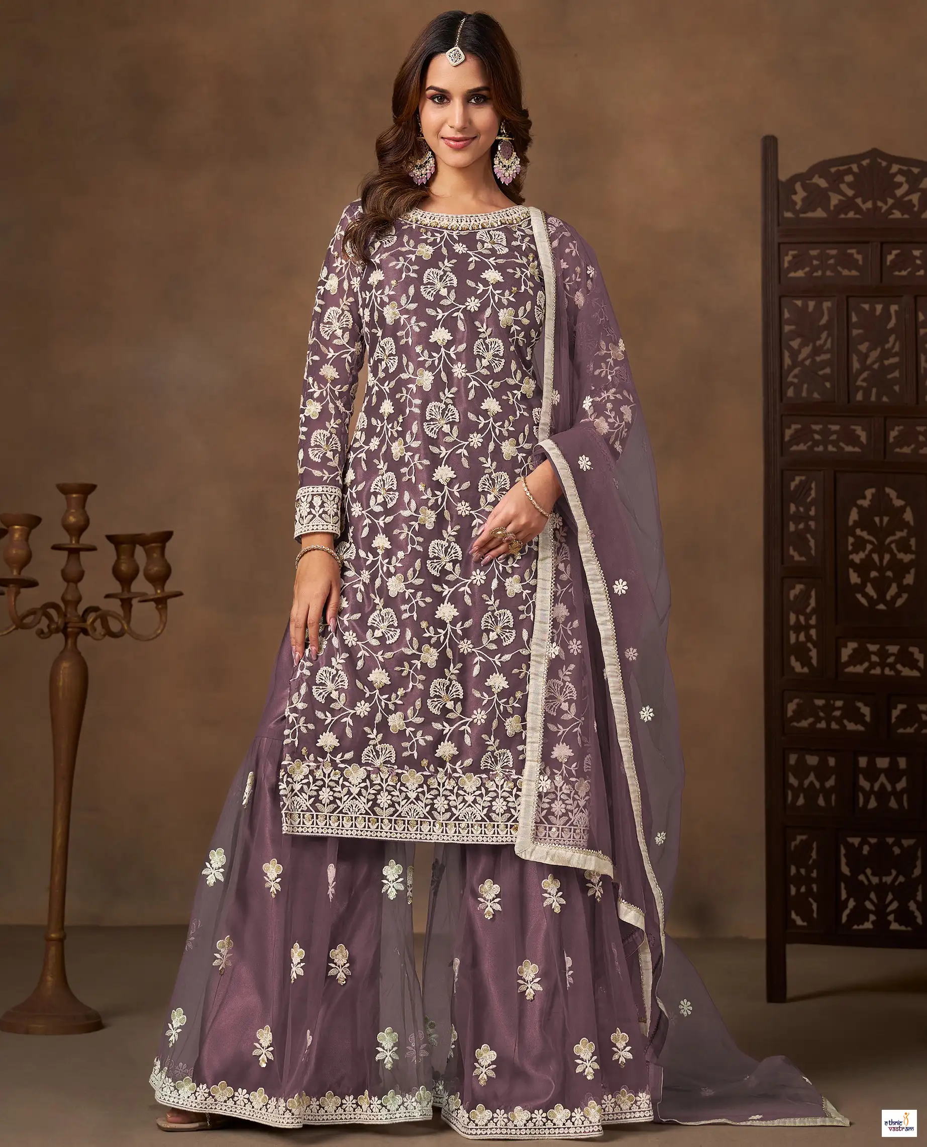 Mauve Purple Embroidered Net Festive Salwar Kameez