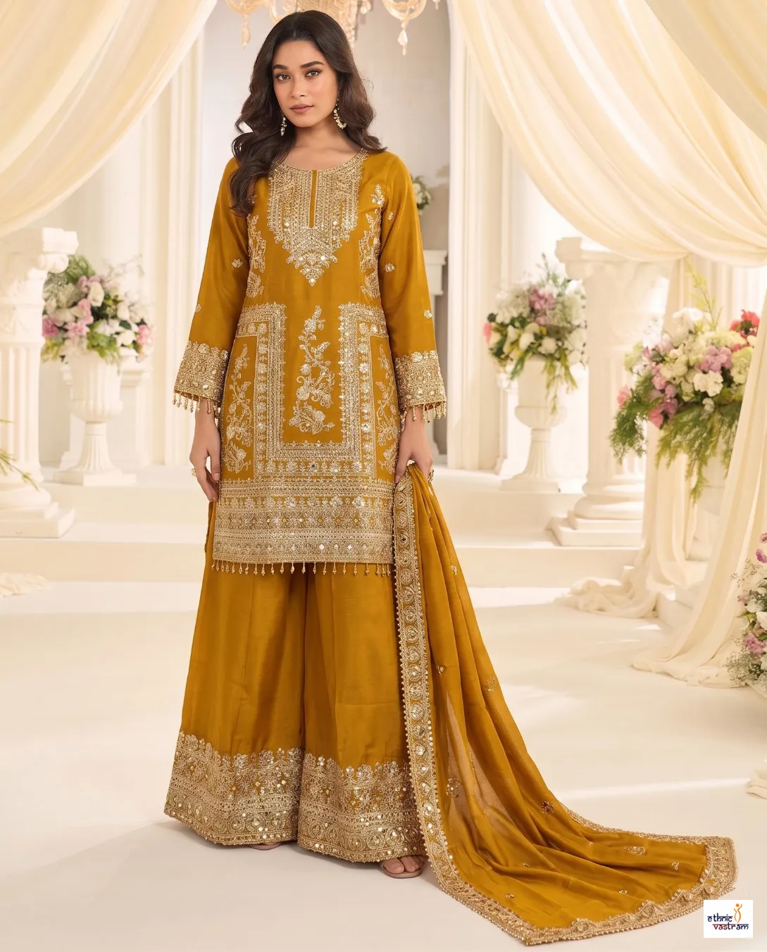 Mustard Chinon Heavy Sequins Embroidered Sharara Suit