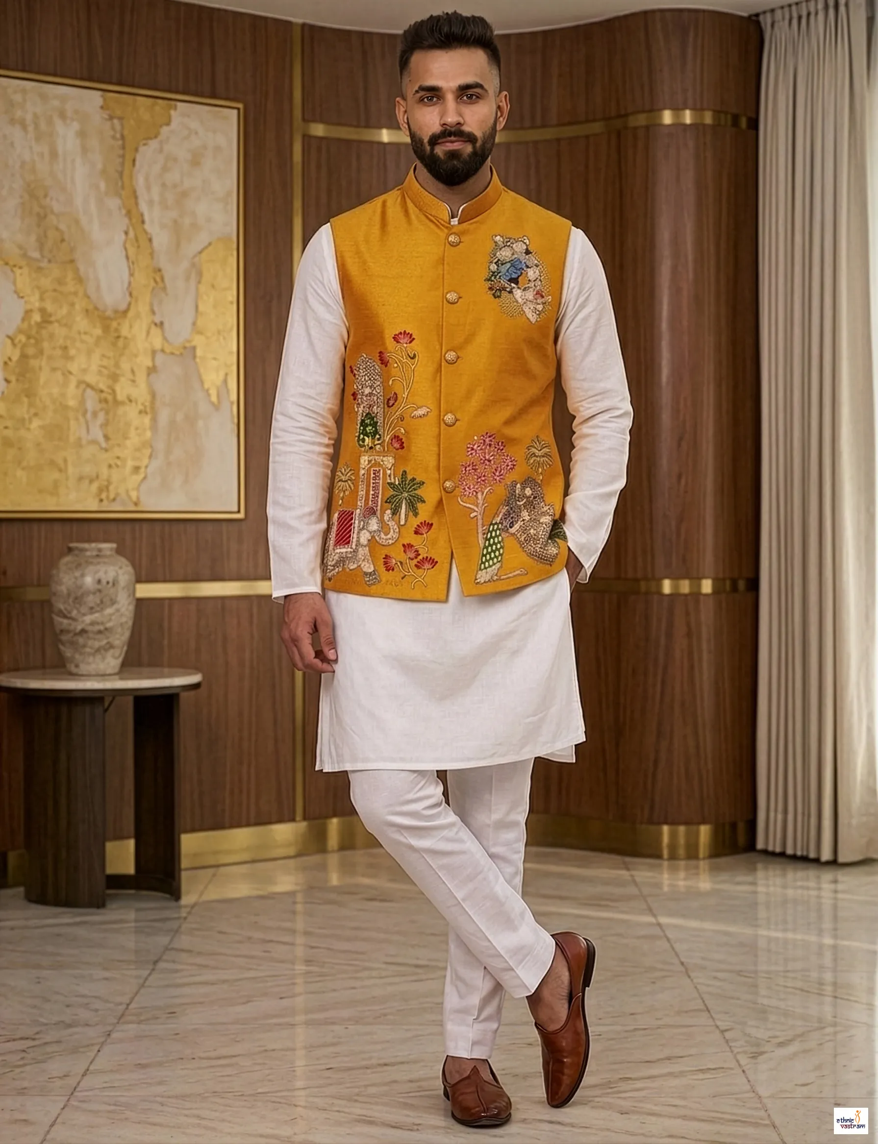 Mustard Yellow Designer Handwork Wedding Nehru Jacket Set