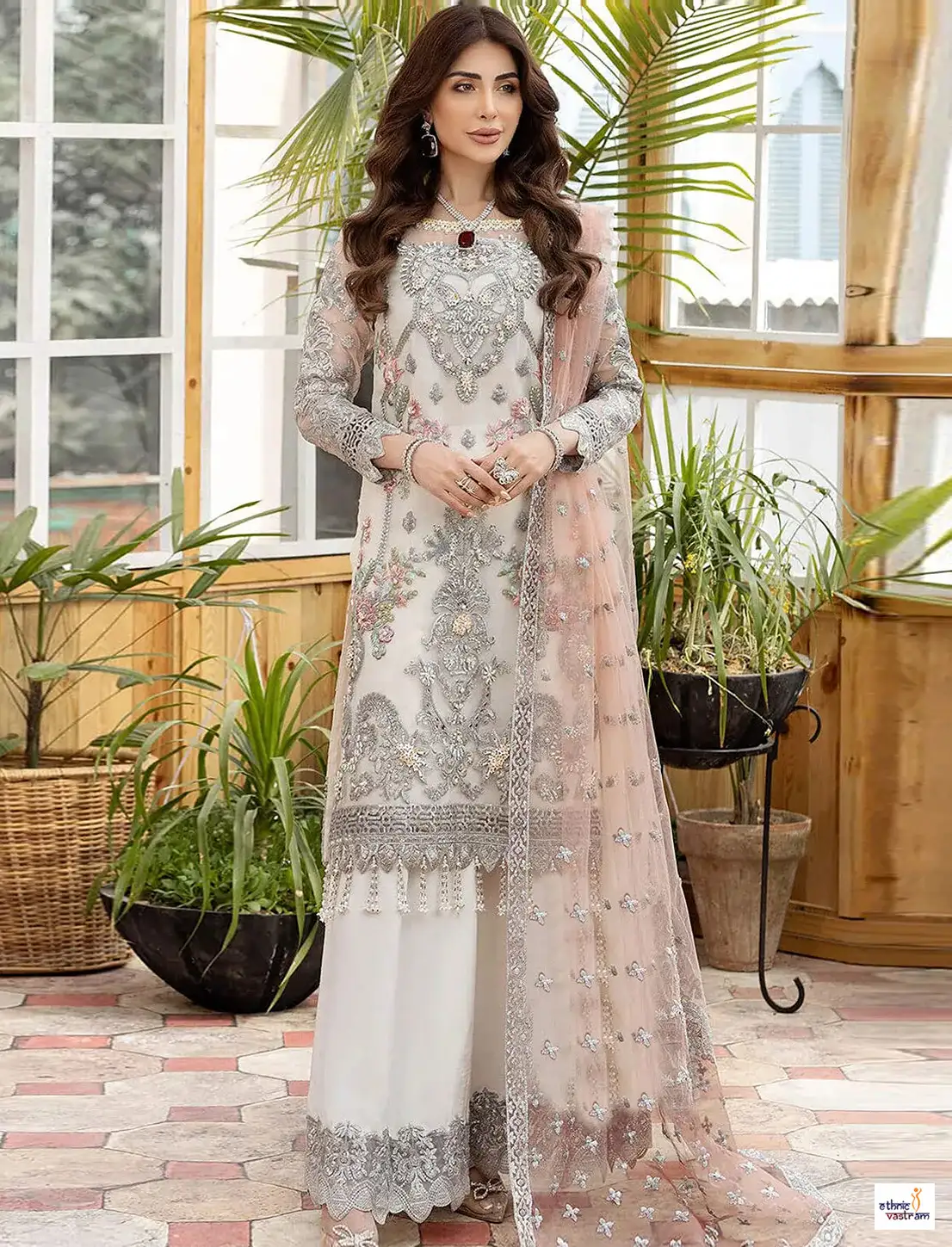 Off White Net Resham Sequins Festival Pakistani Palazzo Suit