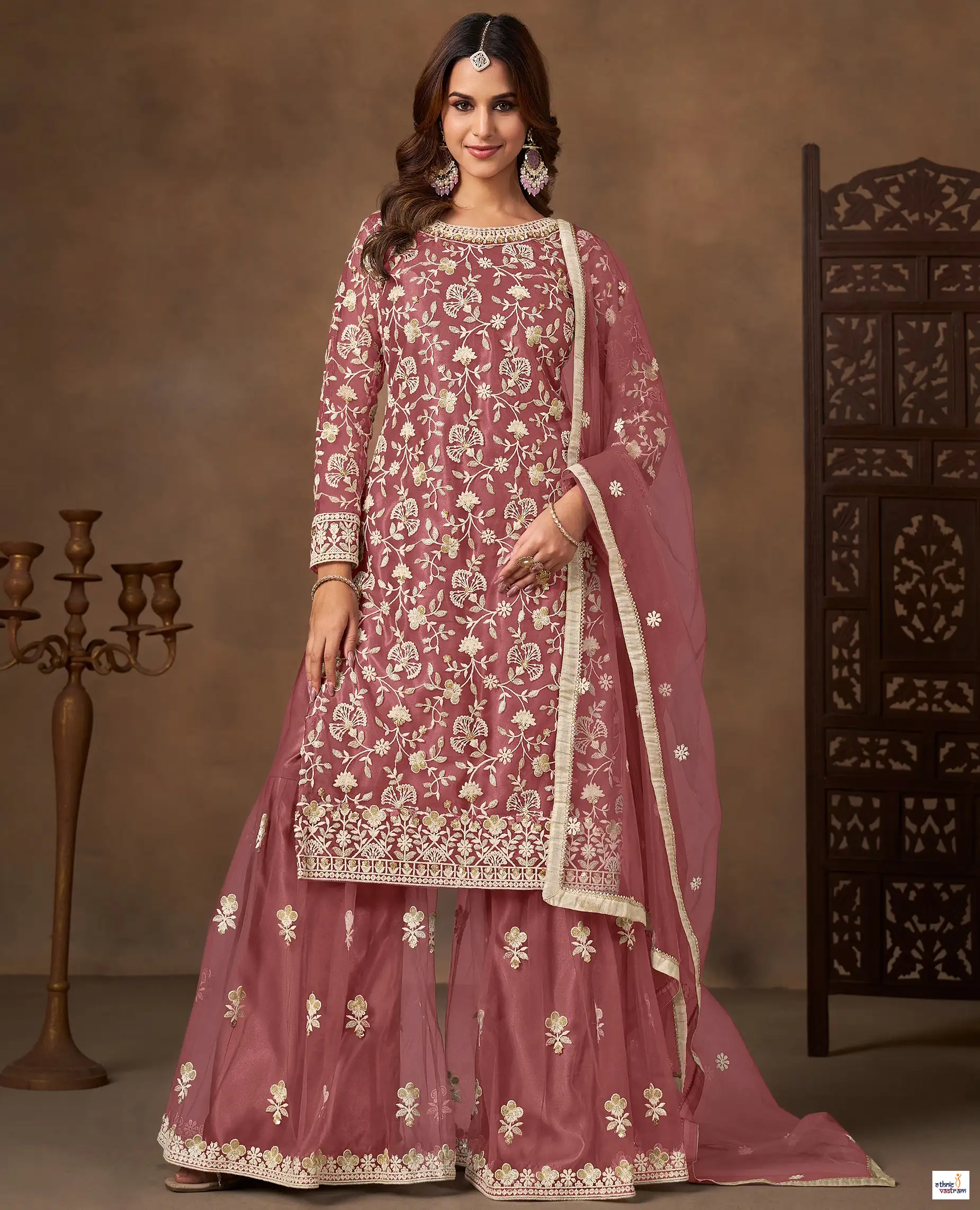Onion Pink Embroidered Net Semi Stitched Sharara Suit