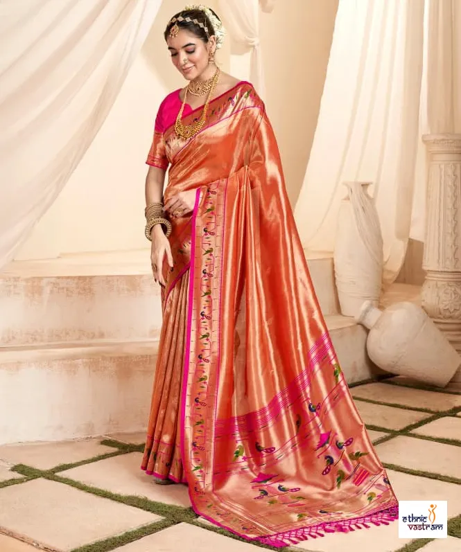 Orange Gold Paithani Tissue Silk Traditional Saree