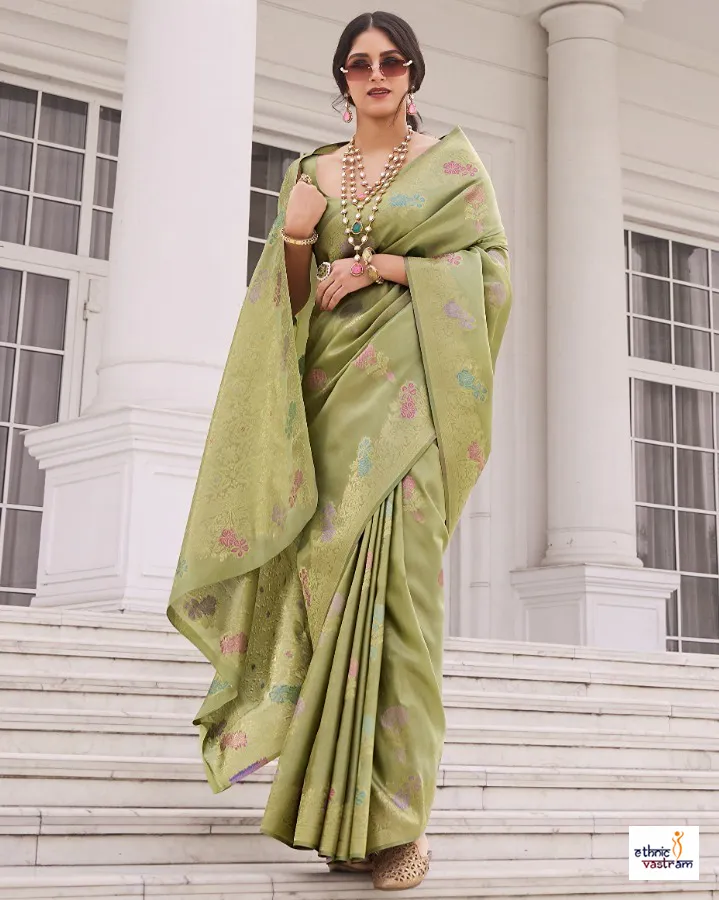Pastel Green Koper Silk Floral Woven Traditional Weaving Saree