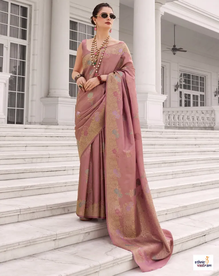 Pastel Rose Pink Korra Silk Gold Zari Work Saree