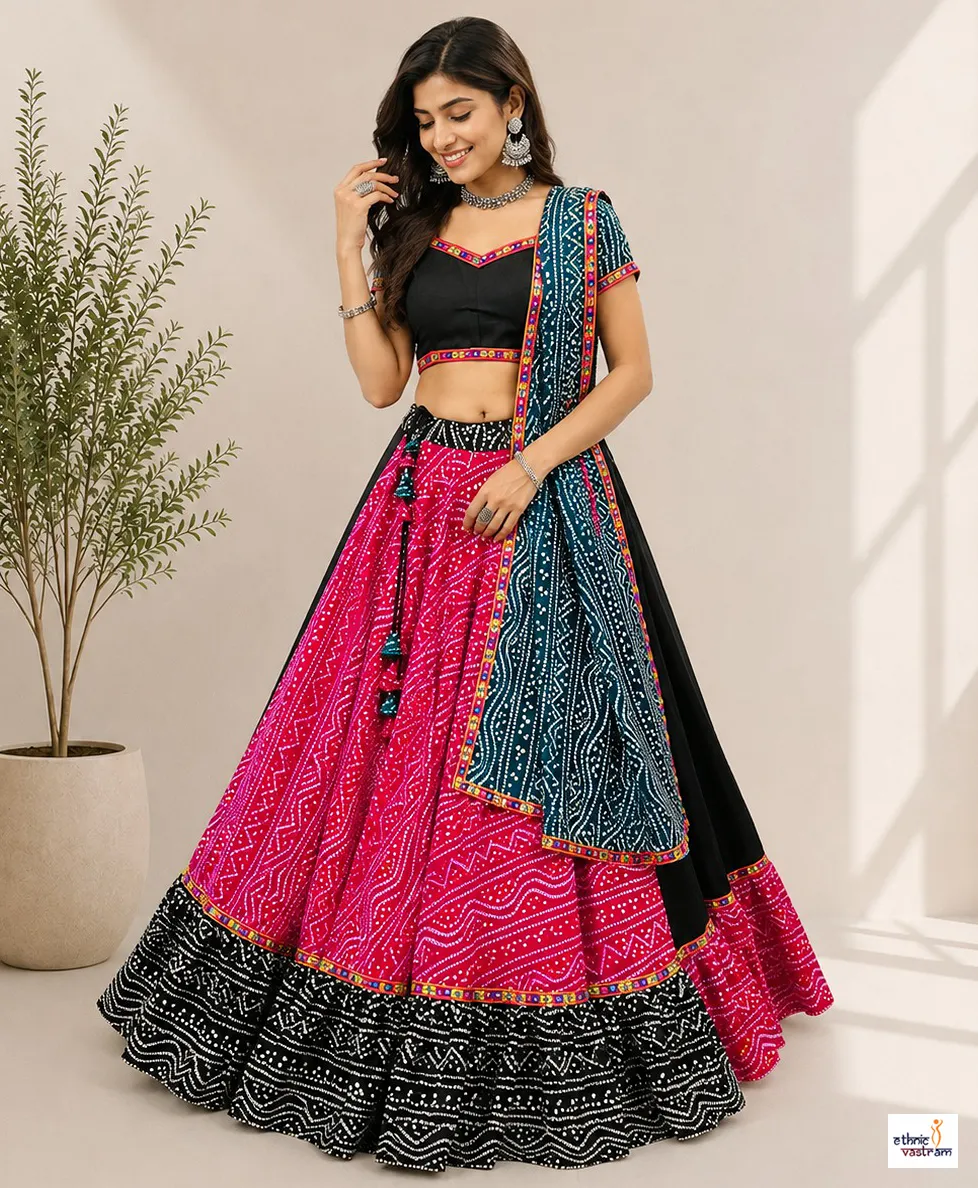 Pink Bandhani Printed Cotton Silk Navratri Lehenga Choli