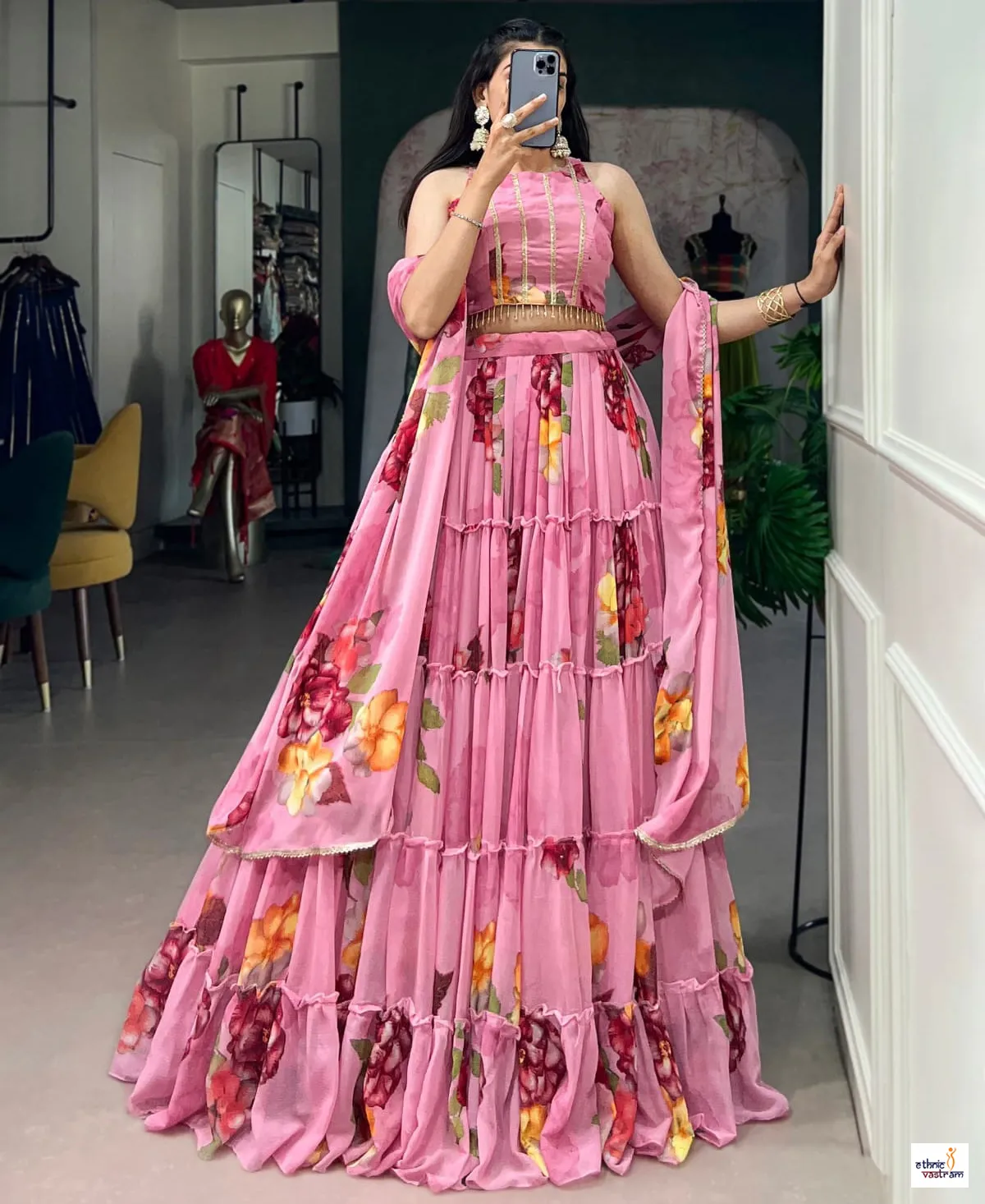 Pink Chiffon Floral Print Ruffle Ethnic Party Wear Lehenga