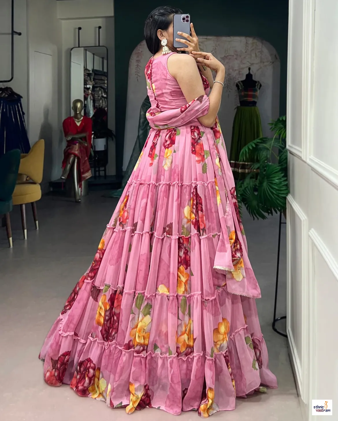 Pink Chiffon Floral Print Ruffle Ethnic Party Wear Lehenga - Image 2