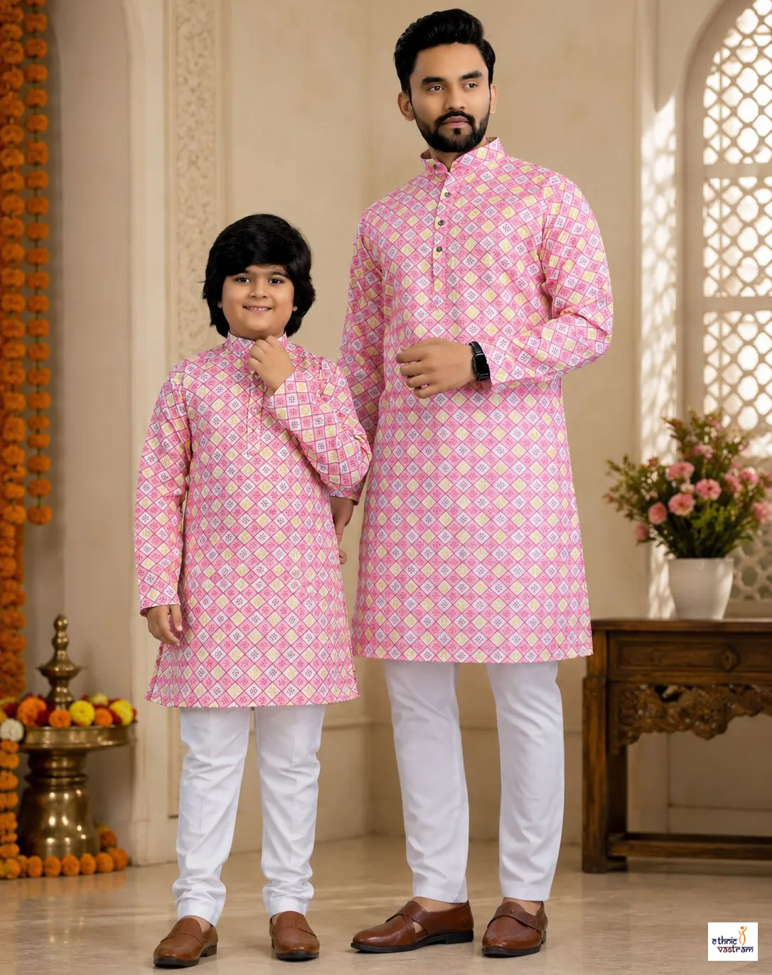 Pink Cotton Crochet Work Father Son Matching Kurta Pajama