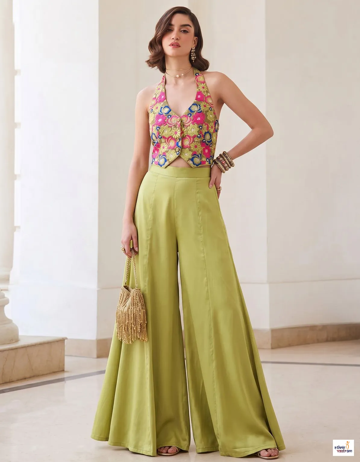 Pistachio Green Silk Floral Embroidered 2-Piece Fusion Dress