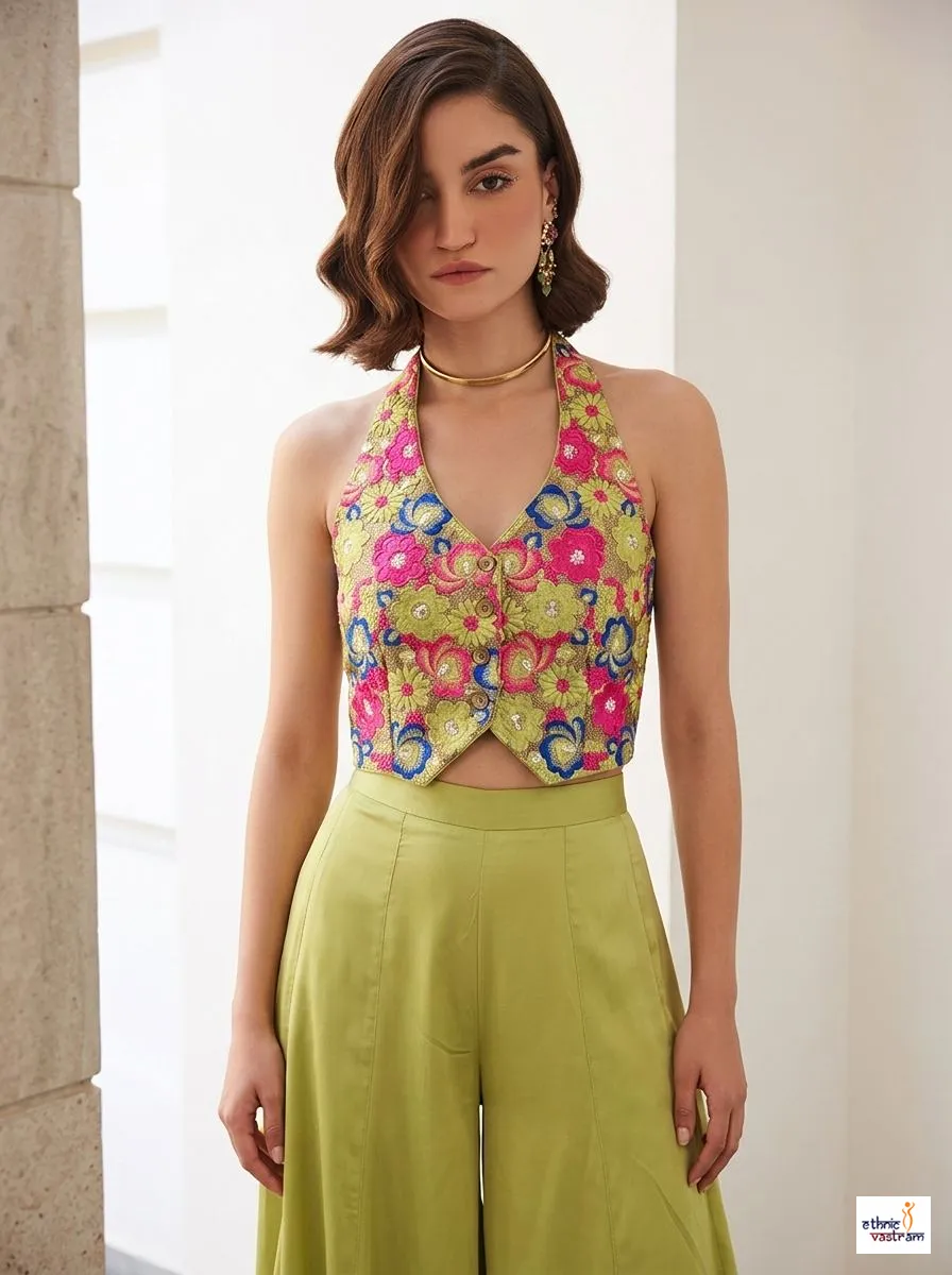 Pistachio Green Silk Floral Embroidered 2-Piece Fusion Dress - Image 3