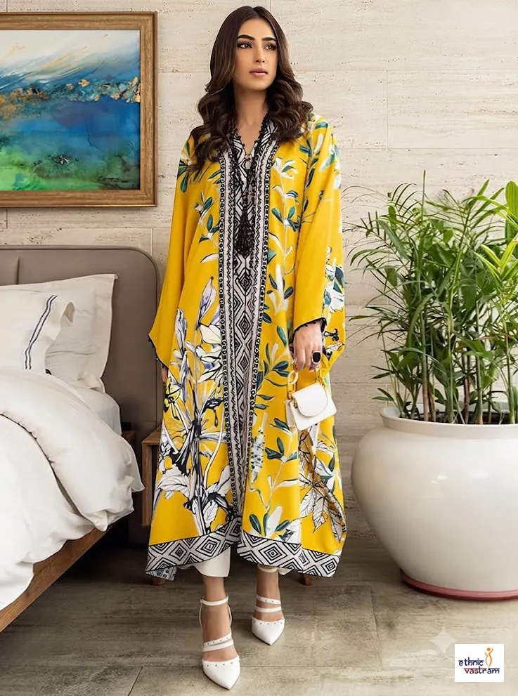 Premium Floral Print Yellow Long V-Neck Kaftan Top