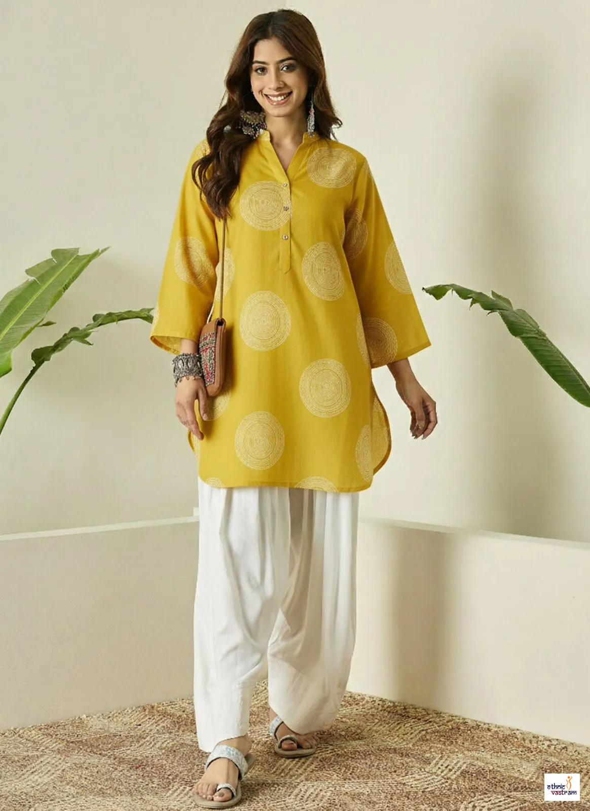 Printed Mustard Rayon Tunic With White Salwar Pants