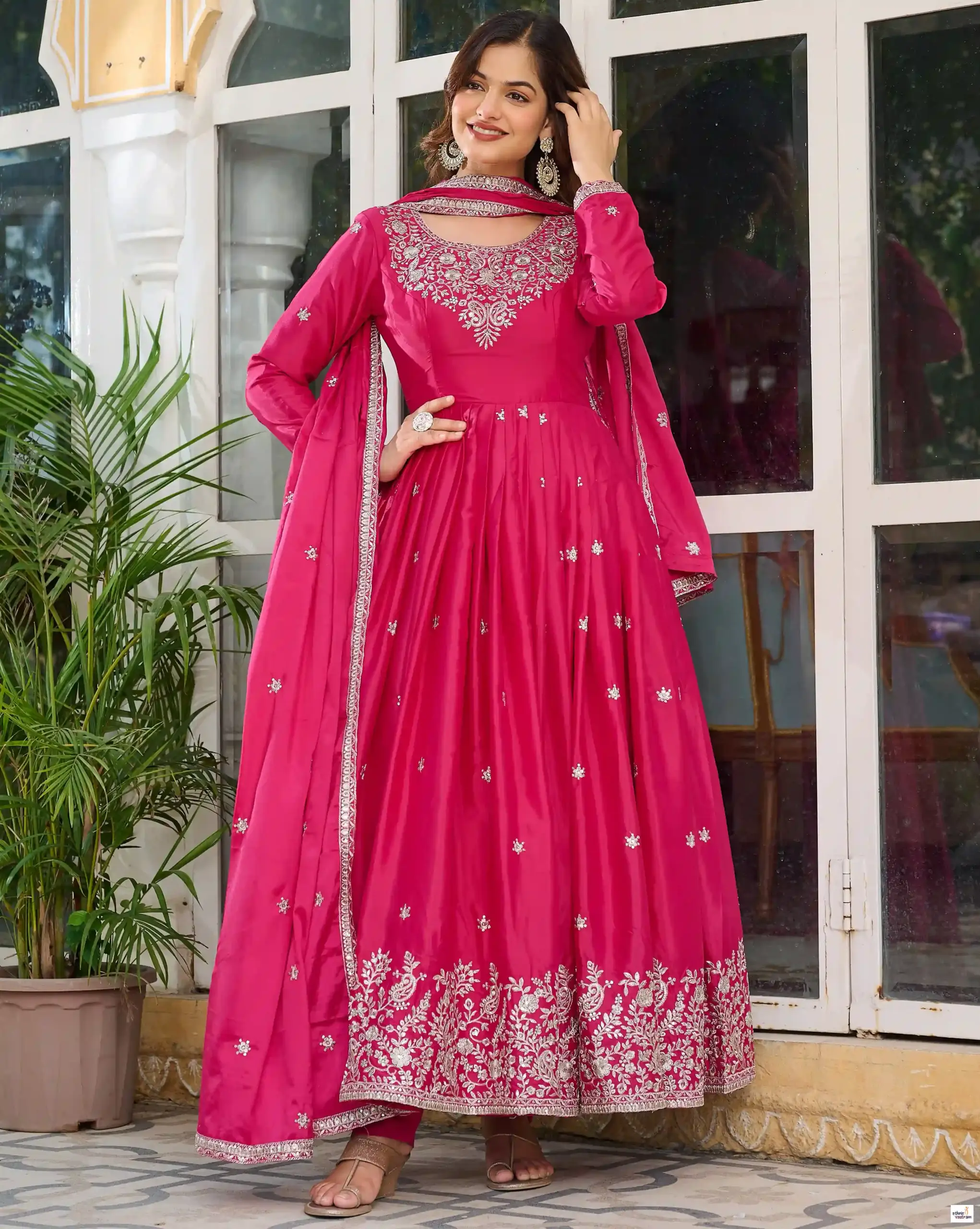 Rani Pink Silk Flared Heavy Sequins Embroidered Gown With Dupatta