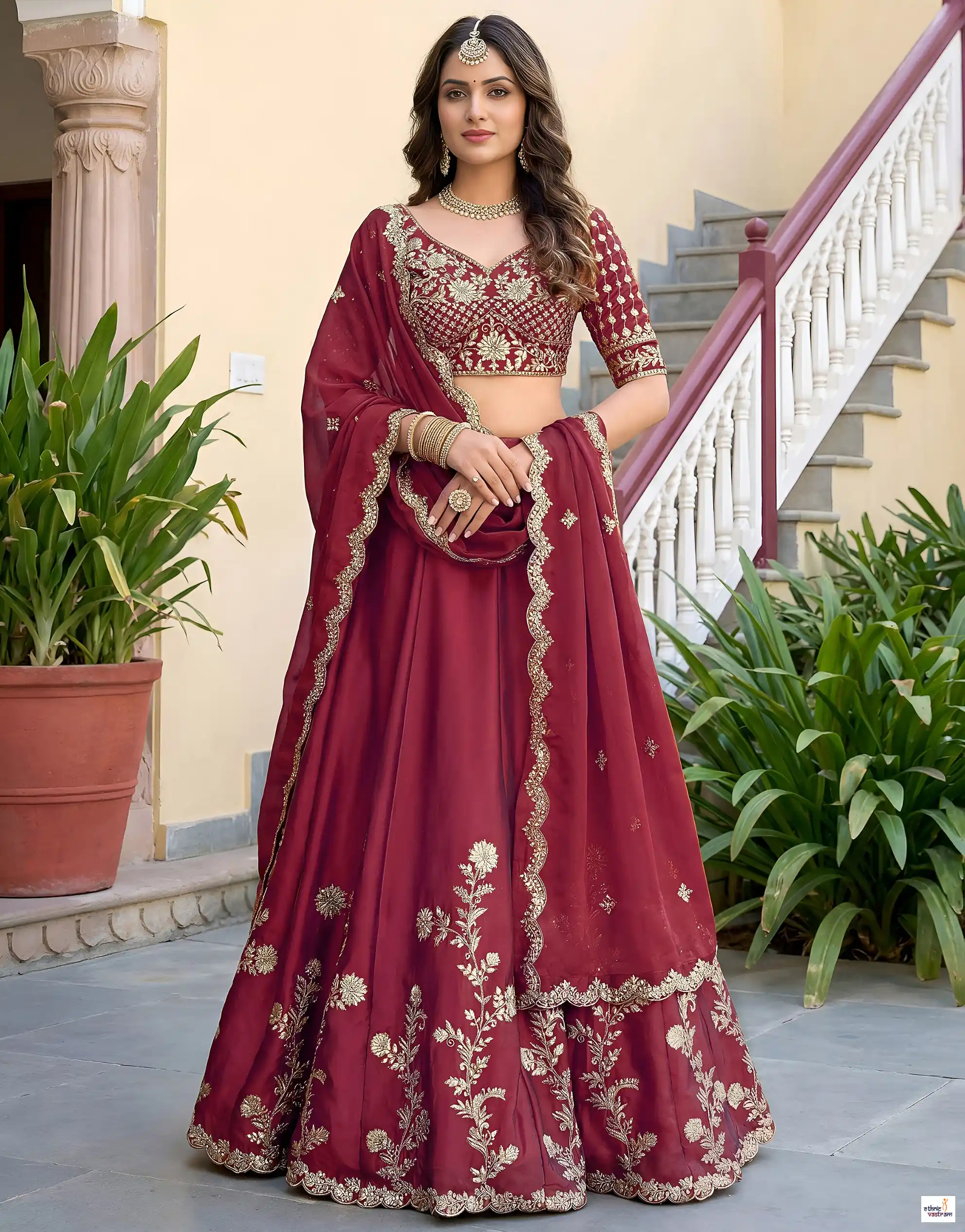 Rich Maroon Rangoli Silk A-Line Embroidered Lehenga
