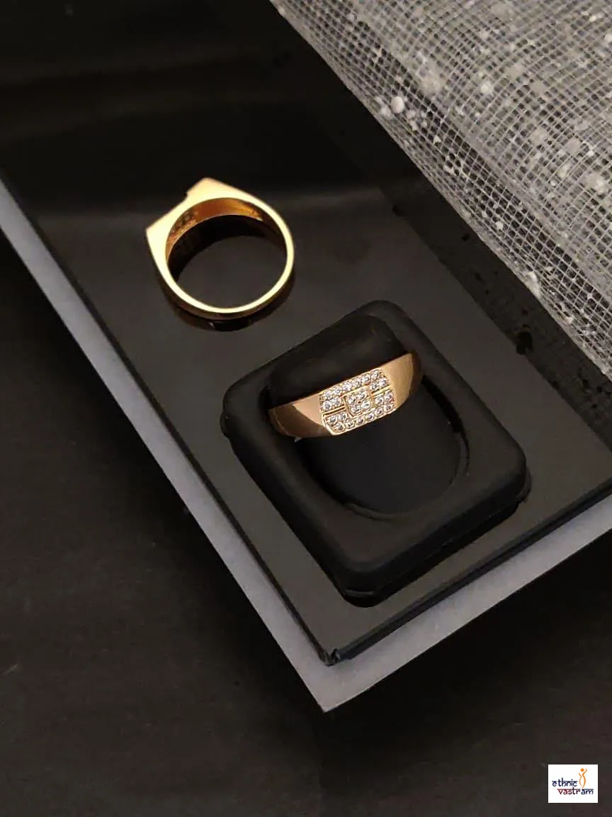 Rose Gold Geometric Grid CZ Mens Ring