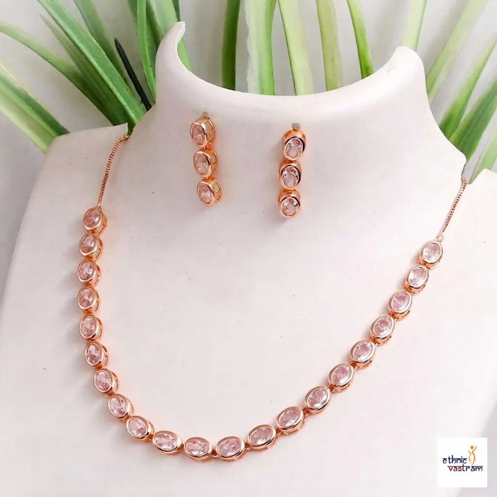 Rose Gold Plated Minimalist Oval Pink Crystal Necklace Set