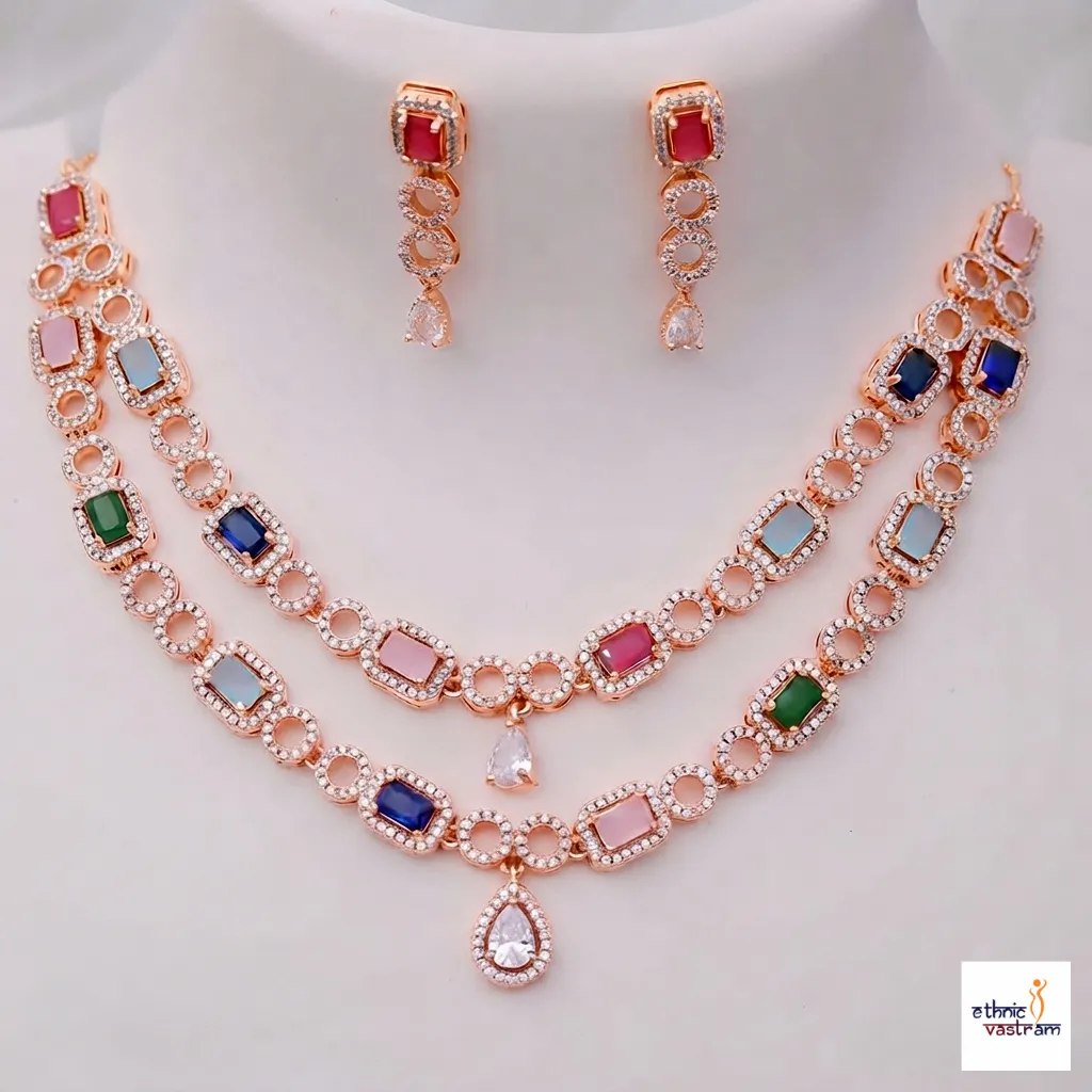 Rose Gold Plated Multi-Layer Layered Colorful Crystal Necklace Set