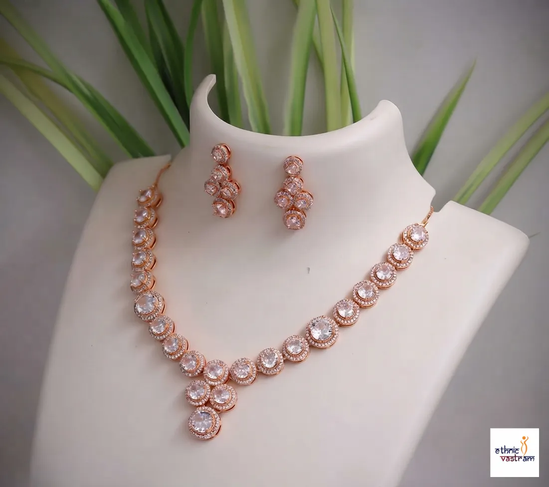 Rose Gold Plated Oval Solitaire Tennis Necklace Set