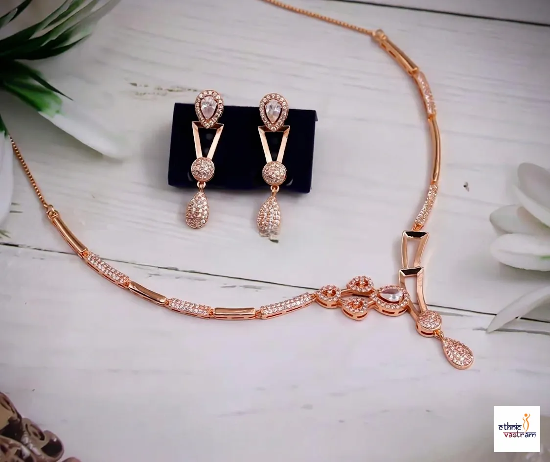 Rose Gold Plated Tear Drop Asymmetric Crystal Necklace Set