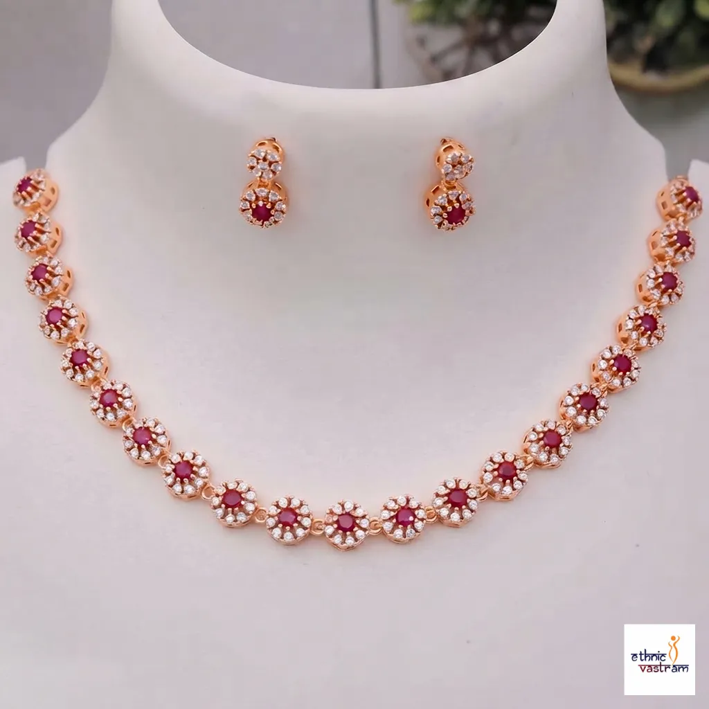 Rose Gold Plated Traditional Floral Ruby Crystal Necklace Set