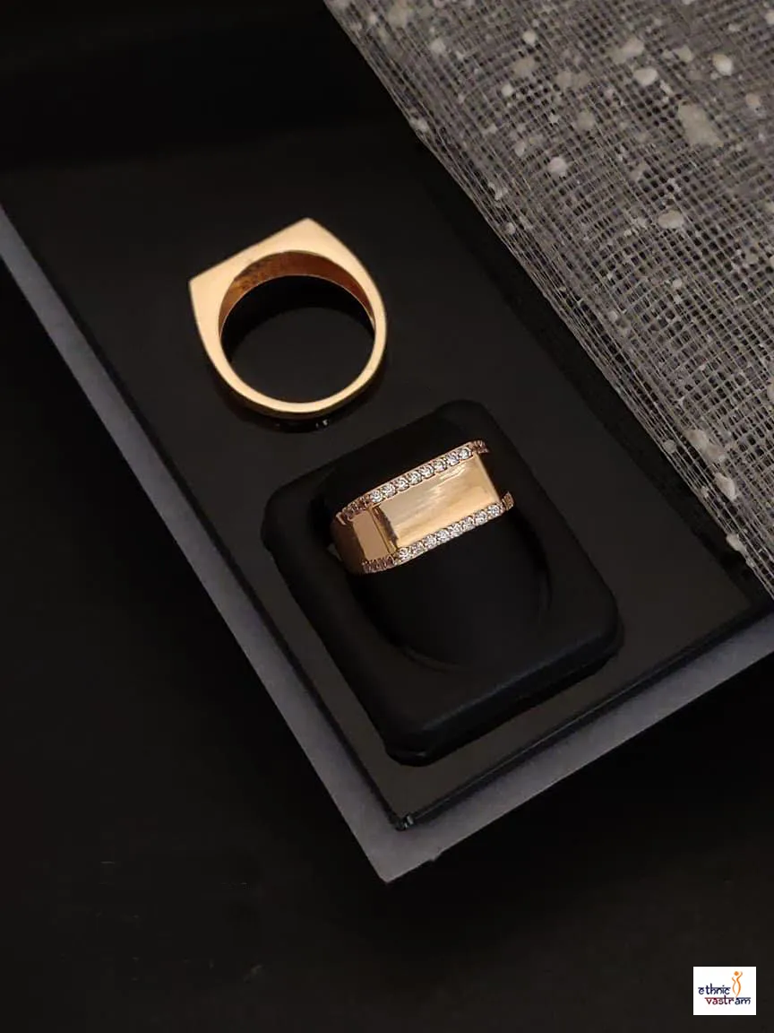 Rose Gold Satin Brushed CZ Border Mens Ring